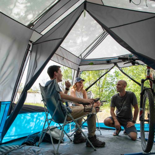 Inside view of CORE 9 person lighted instant cabin tent showing the room divider.
