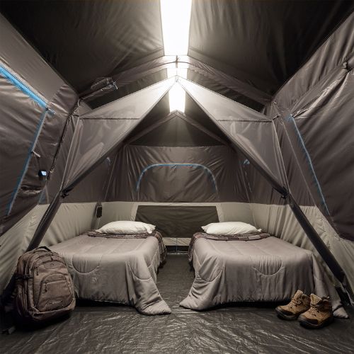 Close-up of lights inside the CORE 9 person lighted instant cabin tent with full rainfly.
