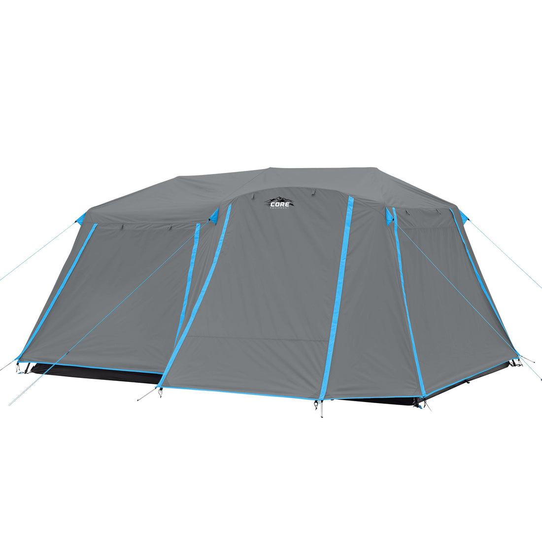 Gray CORE 9 person lighted with full rainfly instant cabin camping tent with blue accents on a white background.