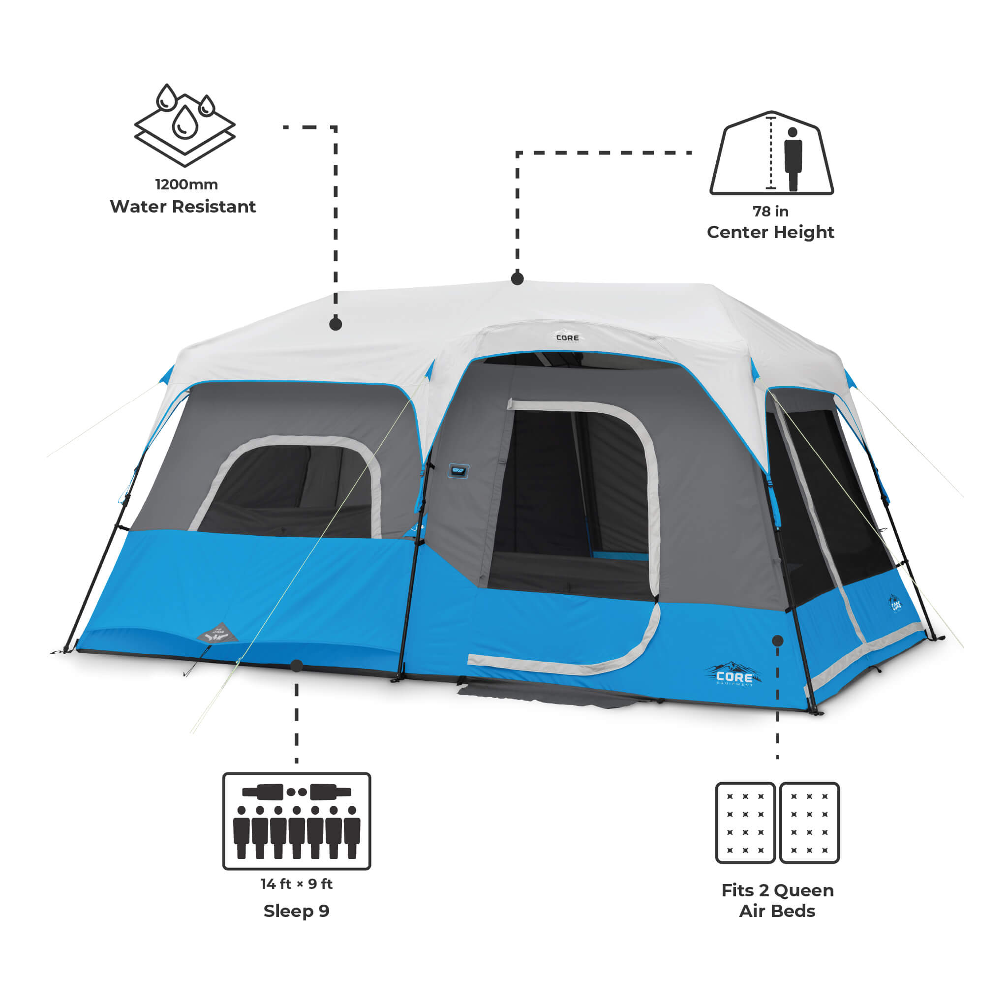 2 man instant tent Core Equipment 9-Person Lighted Instant Cabin Tent