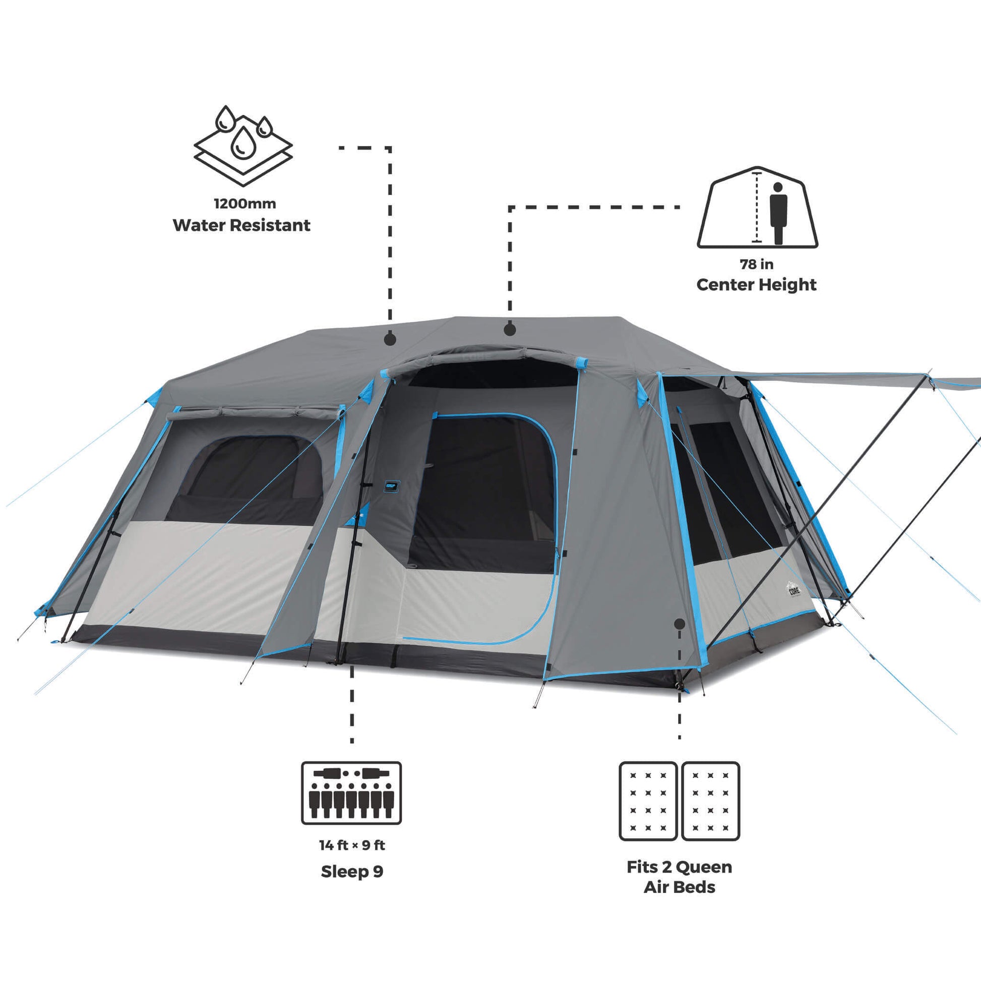 CORE 9 person lighted instant cabin tent with on-image text highlighting 1200mm water resistance, 78-inch center height, sleeps 9 capacity, and fits 2 queen air beds. 