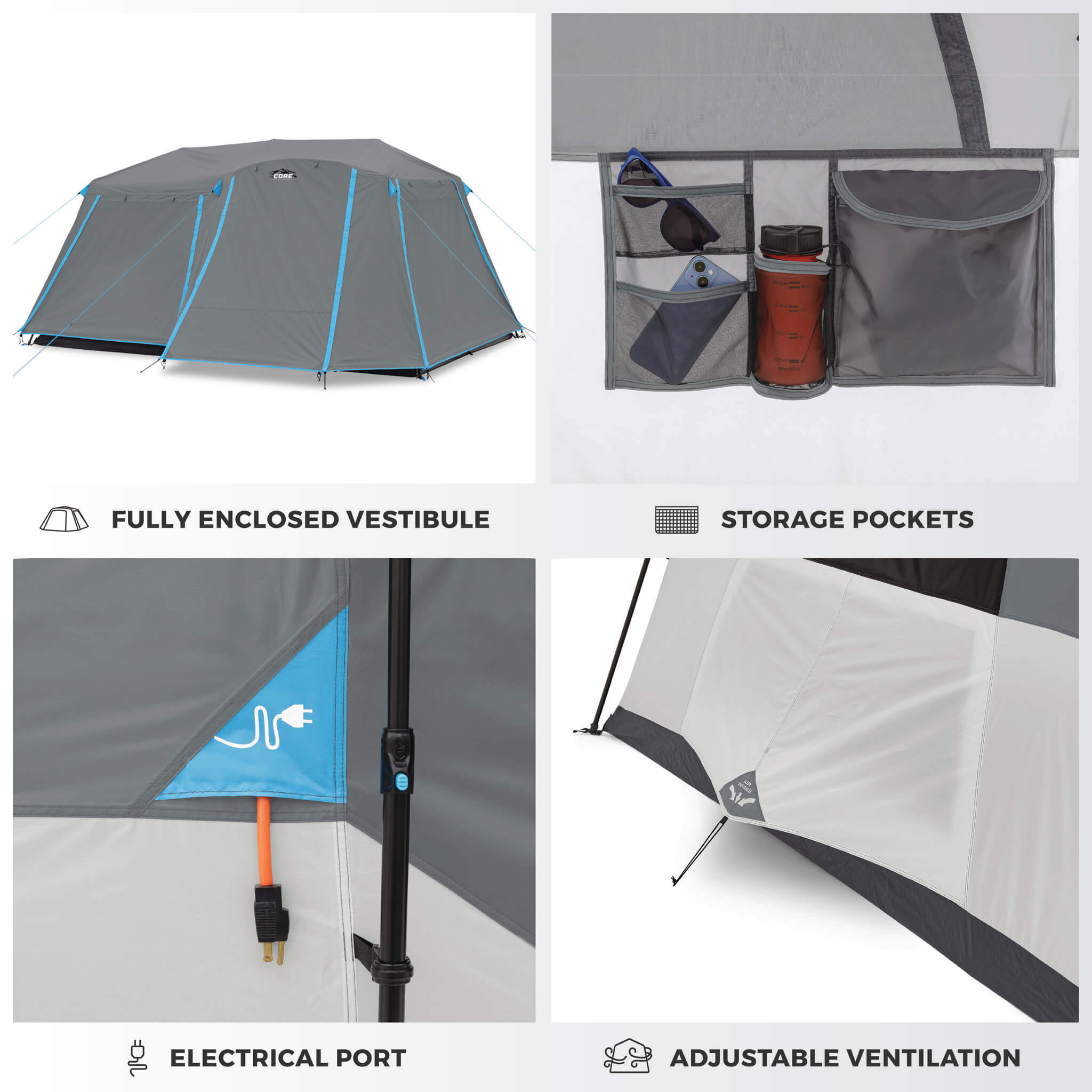 Image shows tent features labeled: Fully Enclosed Vestibule, Storage Pockets, Electrical Port, and Adjustable Ventilation.