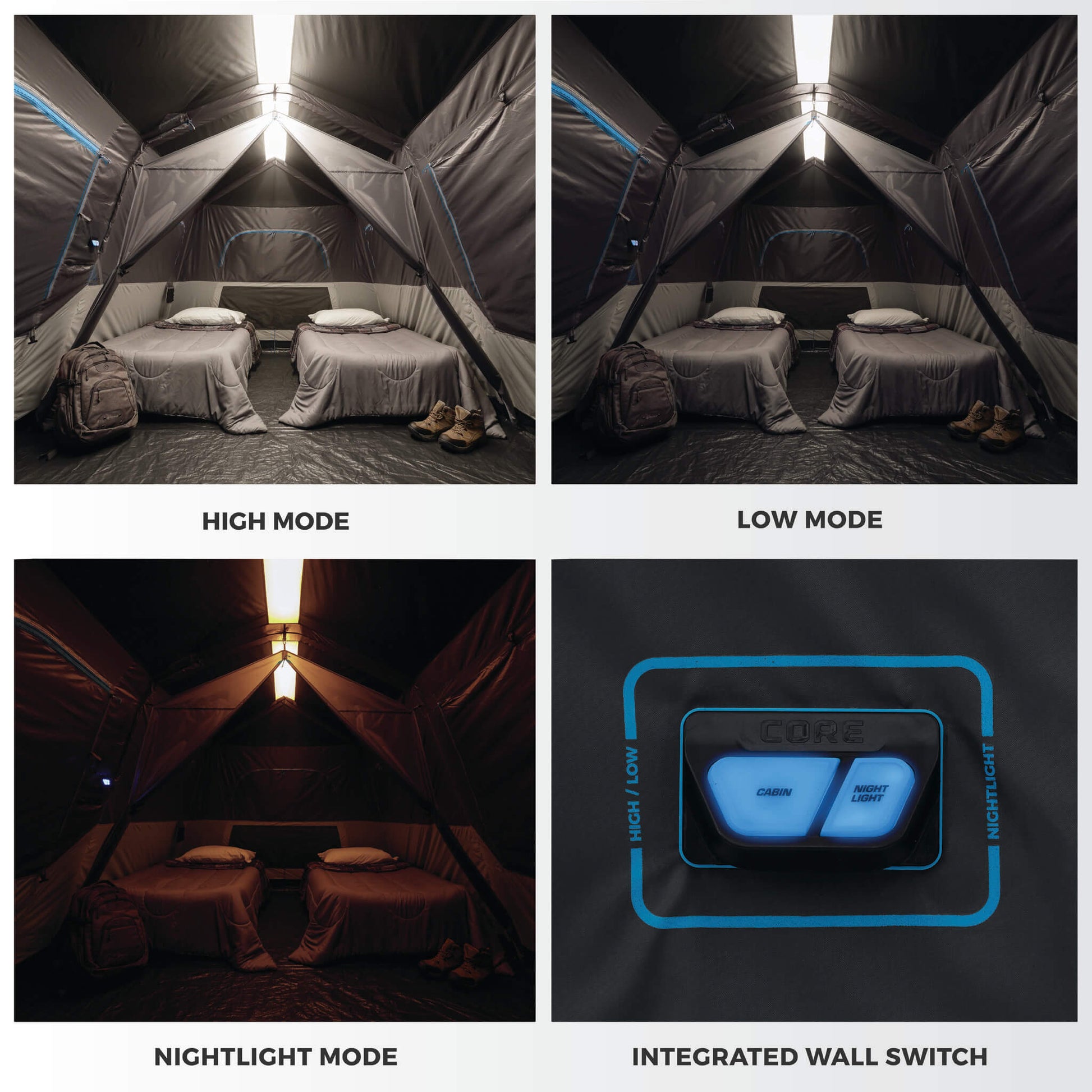 Four images showing the lighting modes inside a CORE tent and its integrated wall switch. Top left: “High Mode” shows a bright interior with two beds fully illuminated. Top right: “Low Mode” shows a dimmer light level inside the same tent. Bottom left: “Nightlight Mode” gives off a soft amber glow for ambient lighting. Bottom right: close-up of the “Integrated Wall Switch” featuring illuminated buttons.