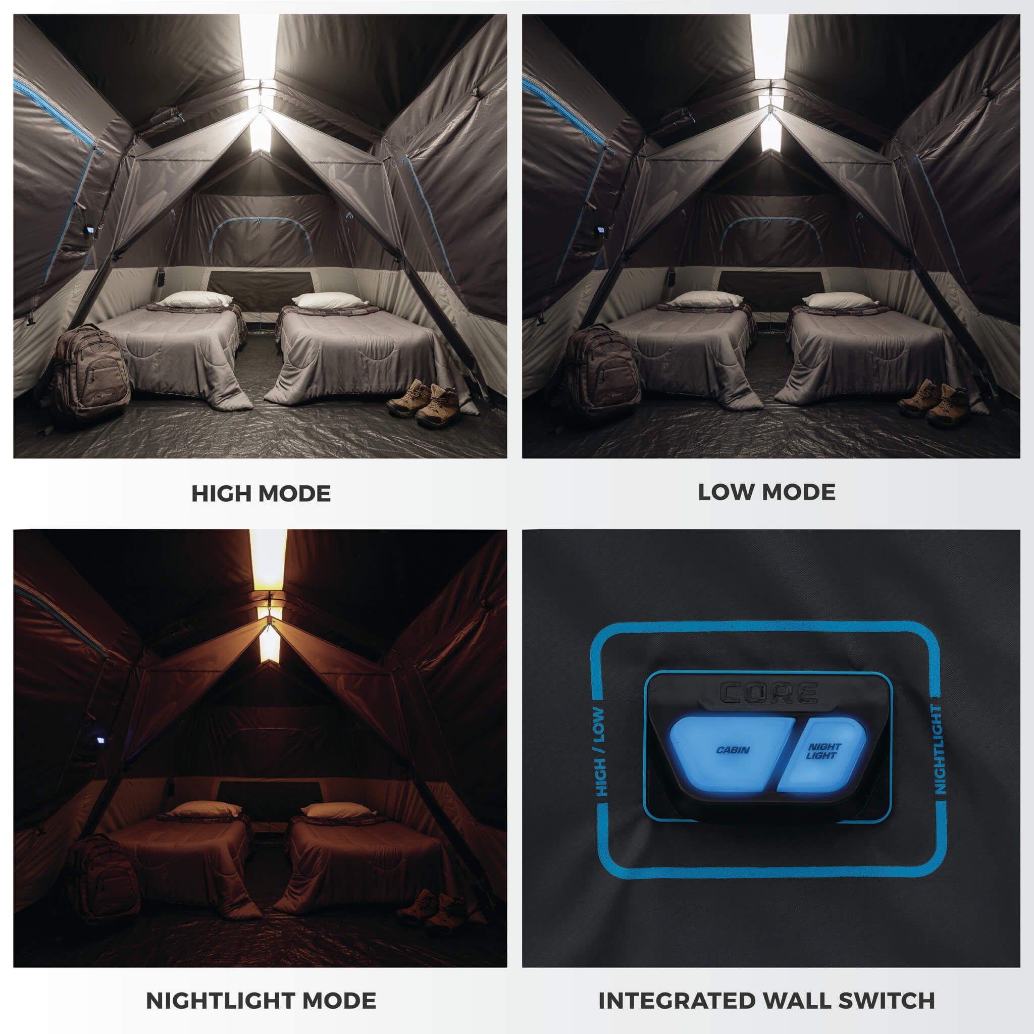Four images showing the lighting modes inside a CORE tent and its integrated wall switch. Top left: “High Mode” shows a bright interior with two beds fully illuminated. Top right: “Low Mode” shows a dimmer light level inside the same tent. Bottom left: “Nightlight Mode” gives off a soft amber glow for ambient lighting. Bottom right: close-up of the “Integrated Wall Switch” featuring illuminated buttons.