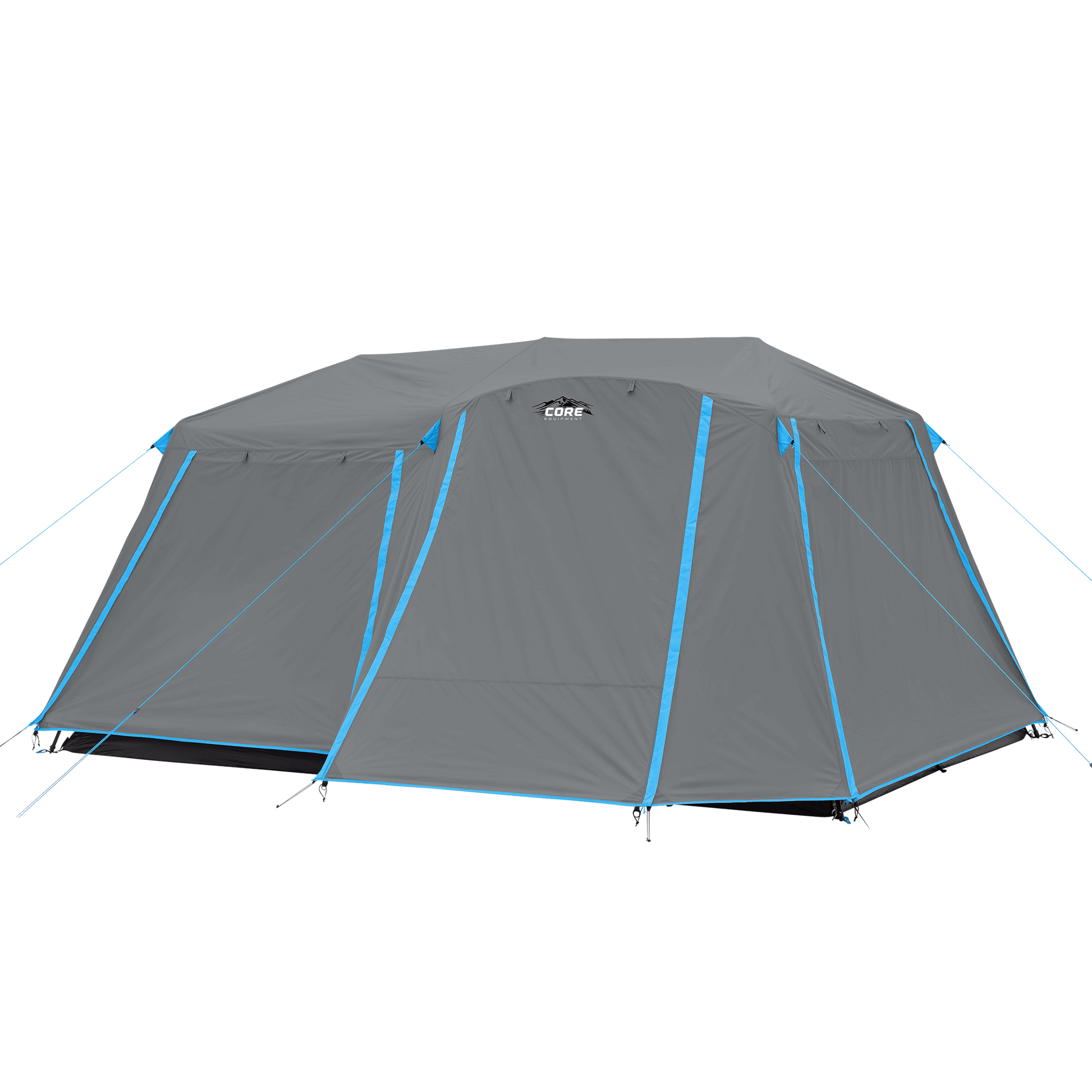 CORE 9 person lighted instant cabin tent with full rainfly in blue and gray, featuring pre-attached poles for a quick 2-minute setup and spacious interior.