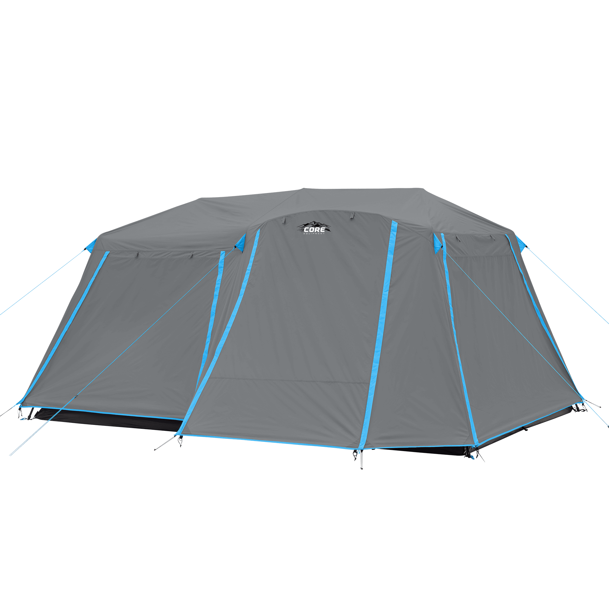 CORE 9 person lighted instant cabin tent with full rainfly in blue and gray, featuring pre-attached poles for a quick 2-minute setup and spacious interior.