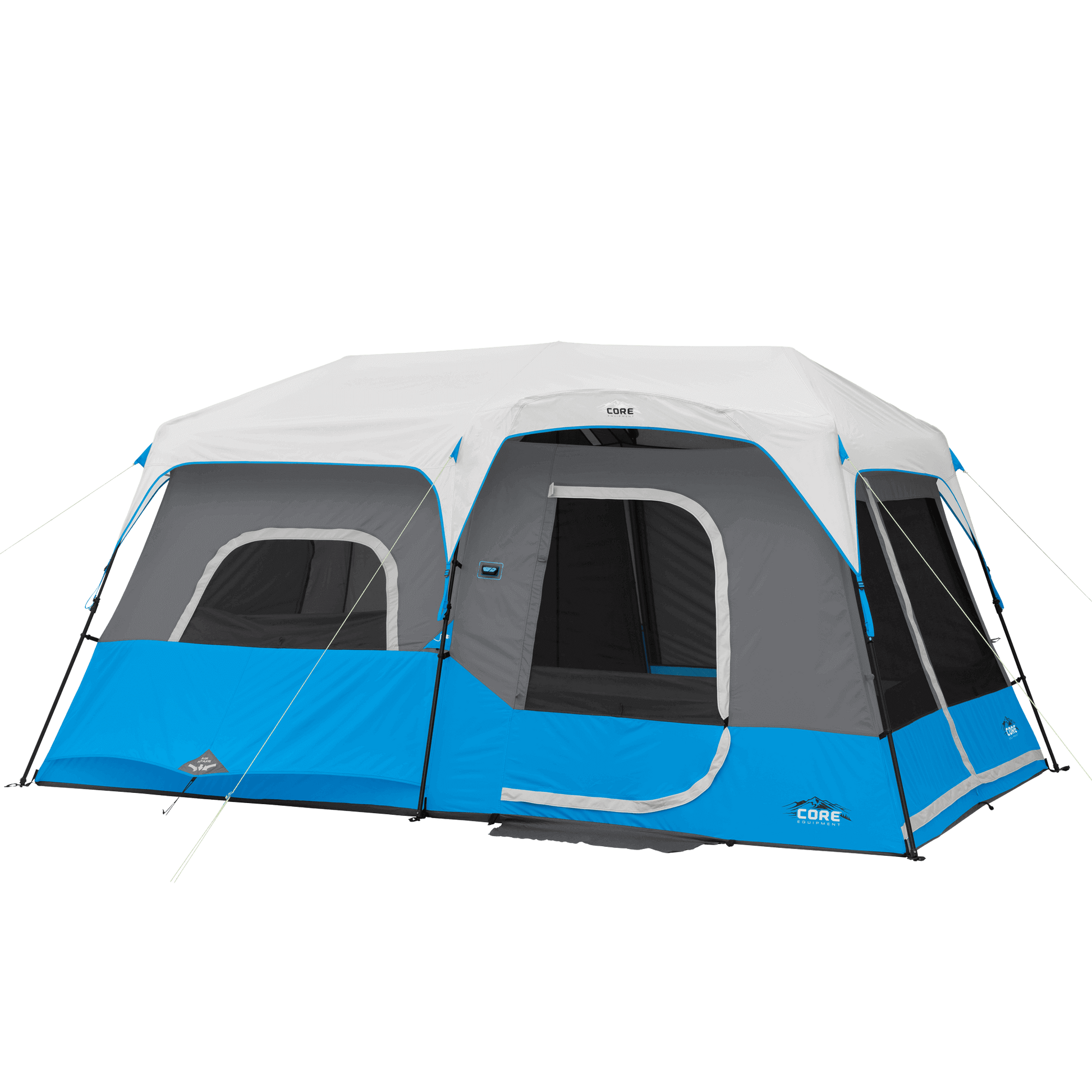 CORE 9 person lighted instant cabin tent in blue and gray, featuring pre-attached poles for a quick 2-minute setup and spacious interior.