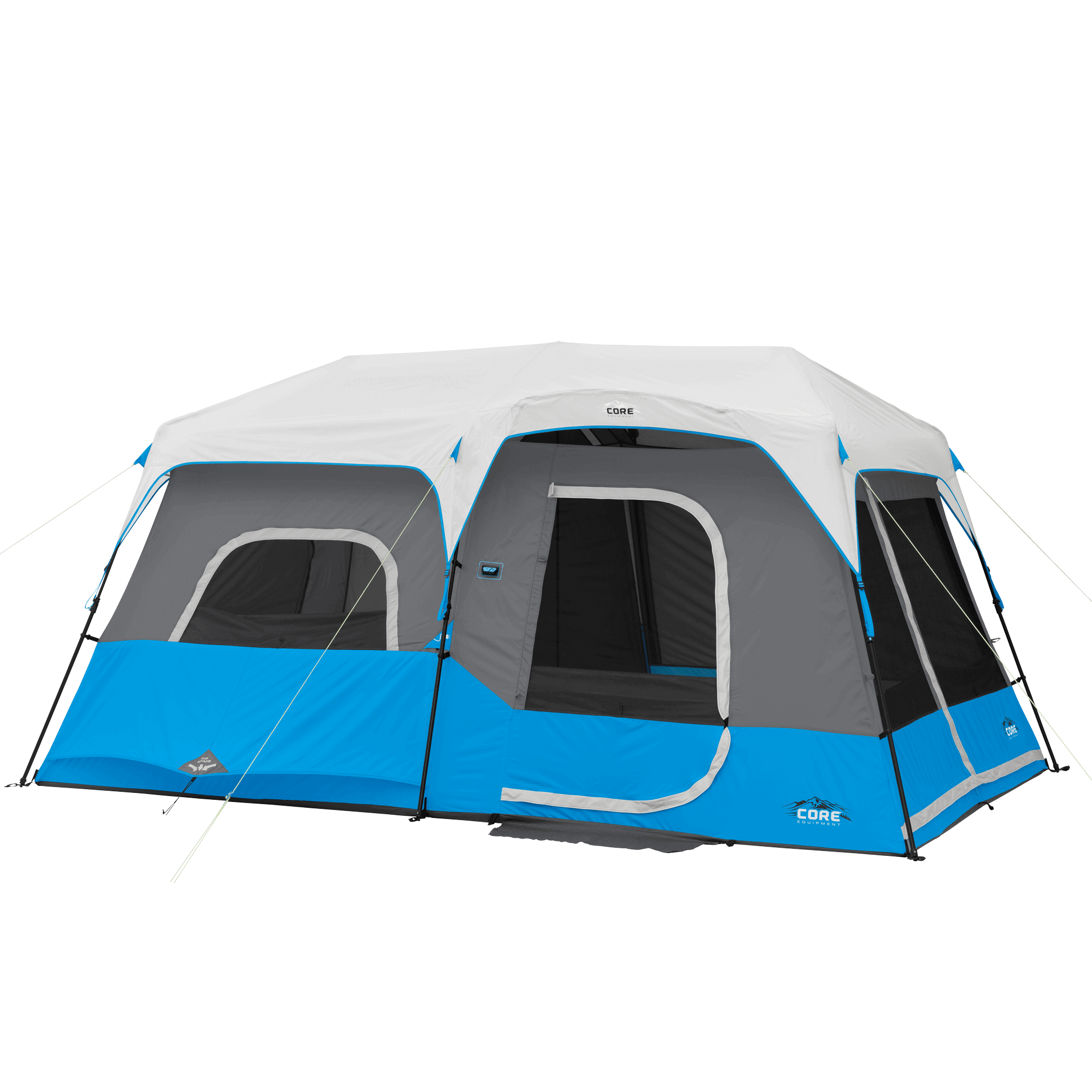 CORE 9 person lighted instant cabin tent in blue and gray, featuring pre-attached poles for a quick 2-minute setup and spacious interior.