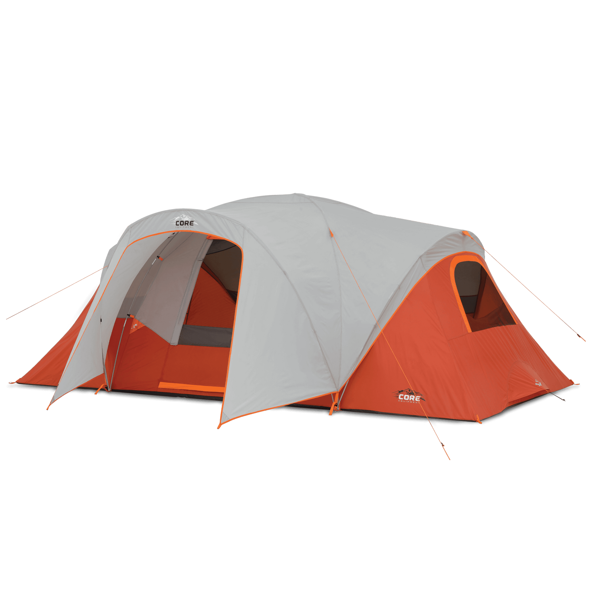 Orange and gray 9 person dome tent with CORE branding.