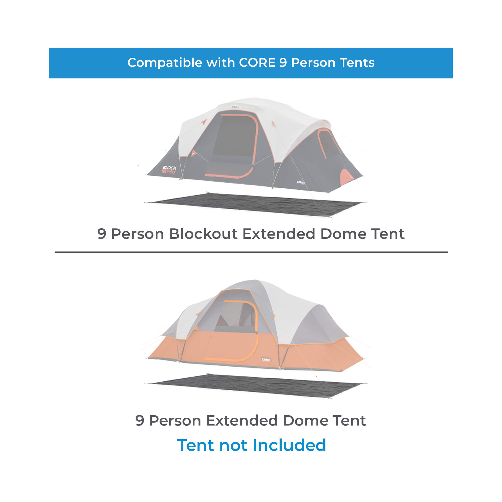 Chart showing CORE 9 person extended dome tent footprint compatibility with blackout and extended dome tent.