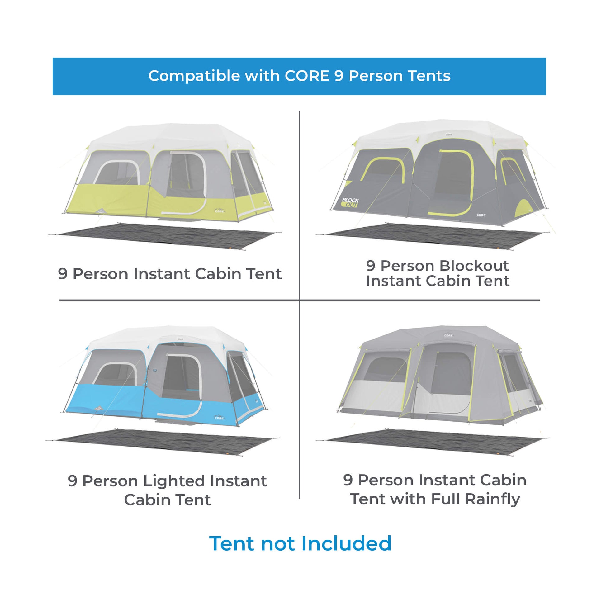 Chart showing CORE 9 person instant tent footprint compatibility with instant, lighted, blackout, and full rainfly tents.
