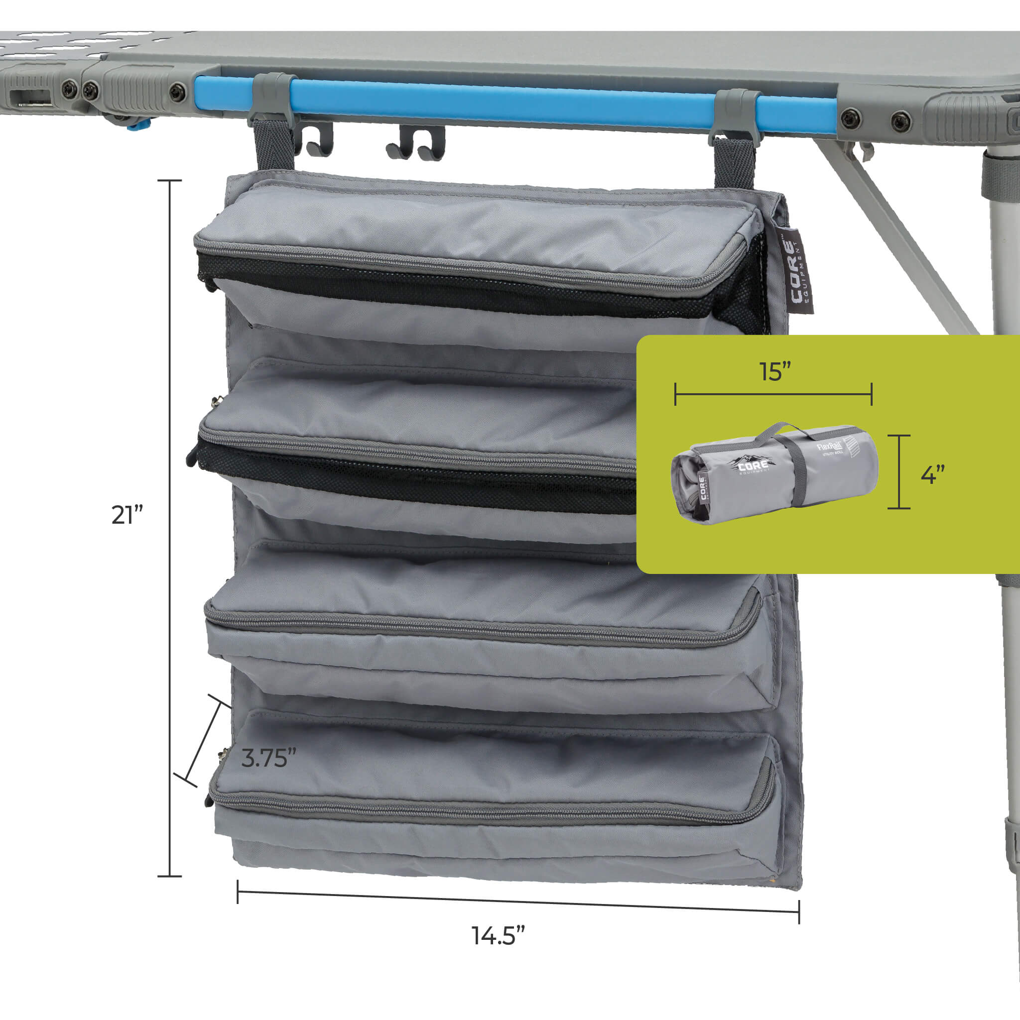 CORE hanging organizer from all-in-one bundle with four compartments, attaches to FlexRail table for convenient camp storage.