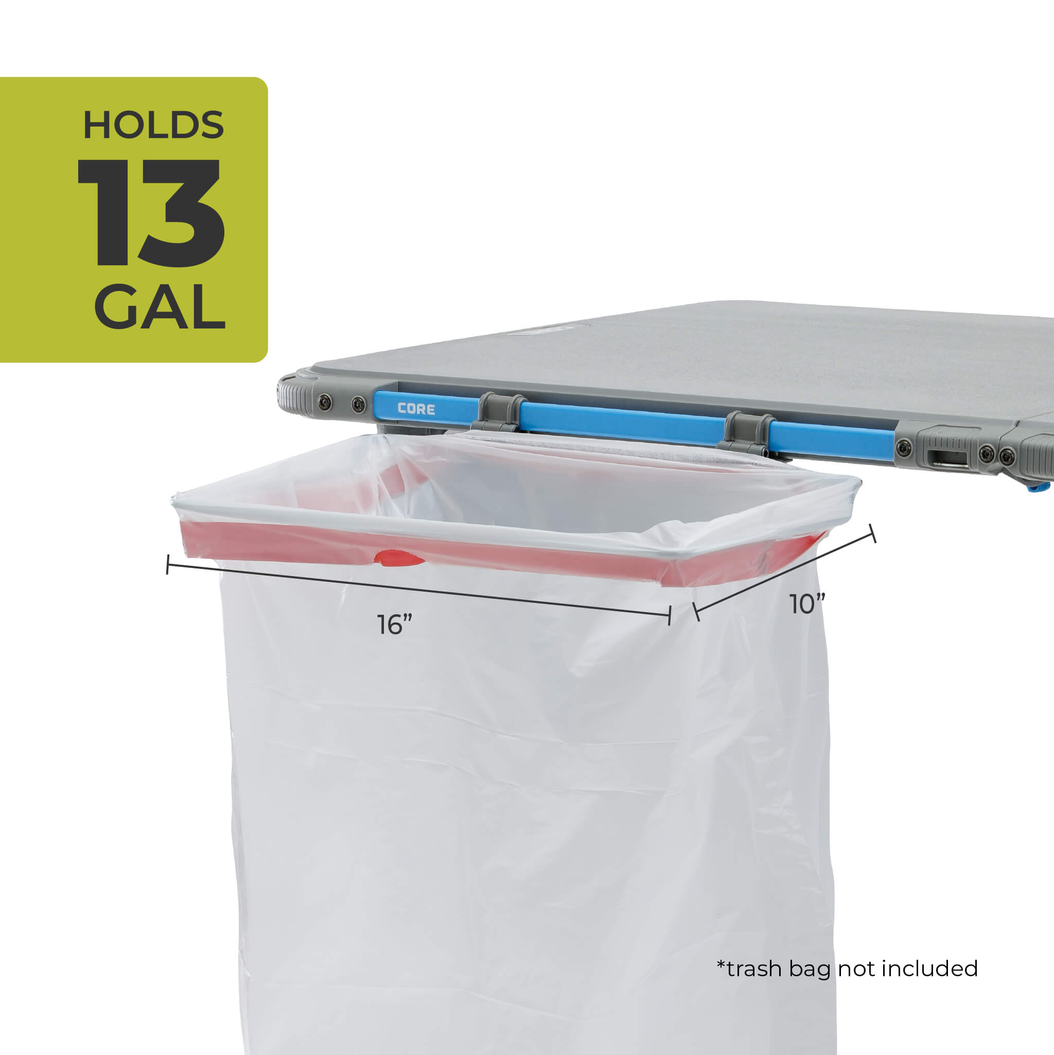 CORE trash bag holder from all-in-one bundle attaches to camp kitchen table, fits standard 13 gallon bags for campsite cleanup.
