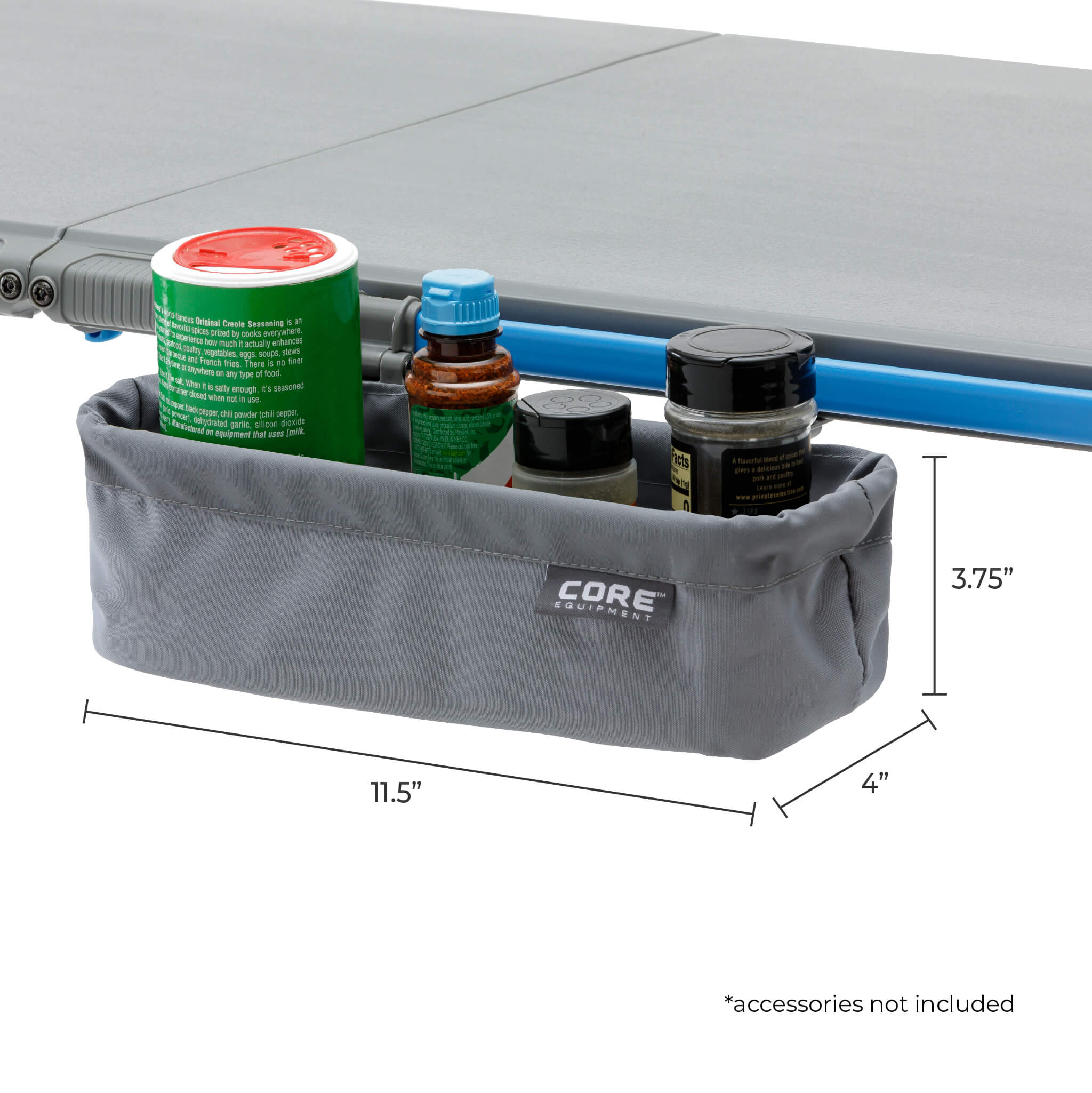 CORE utility basket from all-in-one bundle attaches to FlexRail table, measuring 11.5 by 4 inches, perfect for condiments and spices.