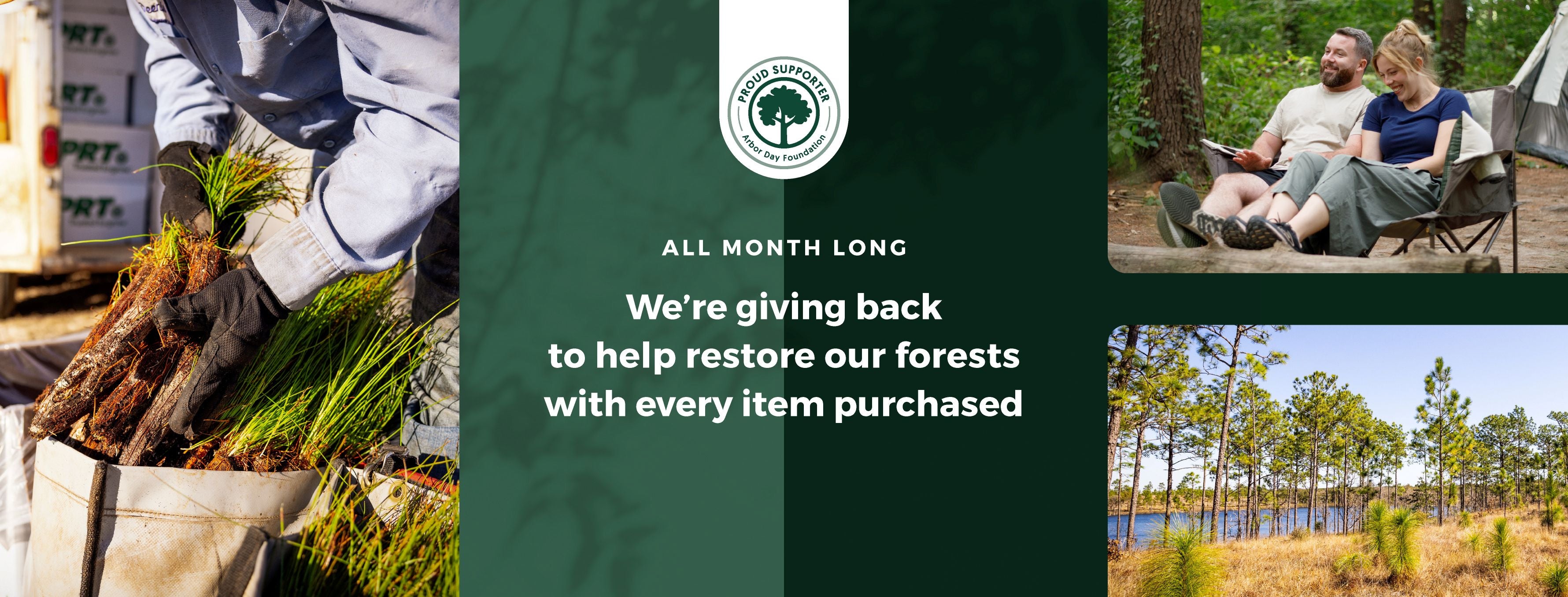 Promotional graphic for a forest restoration initiative with text and images of people and nature.