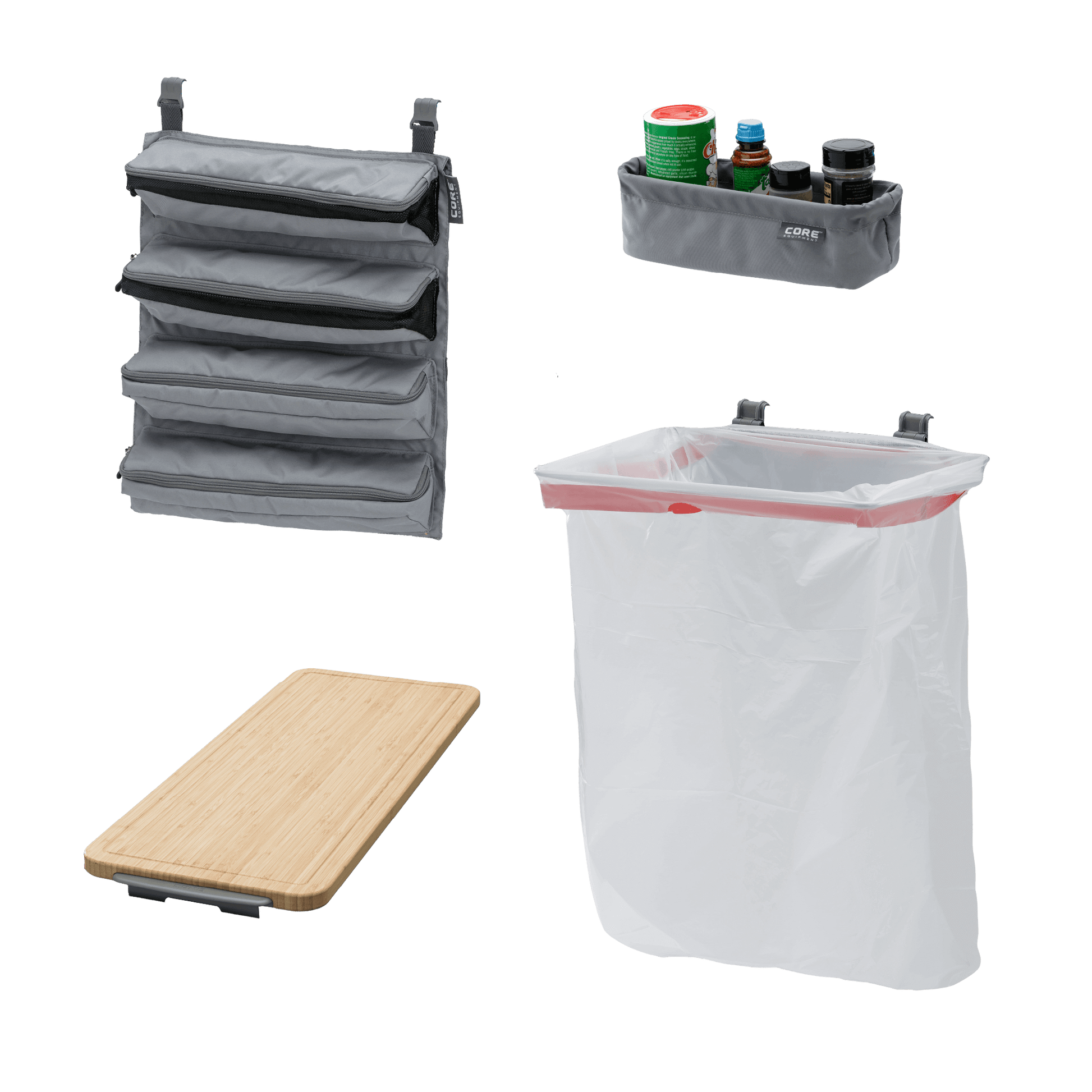 CORE camp kitchen accessory bundle with bamboo cutting board, trash bag holder, utility basket, and hanging organizer.