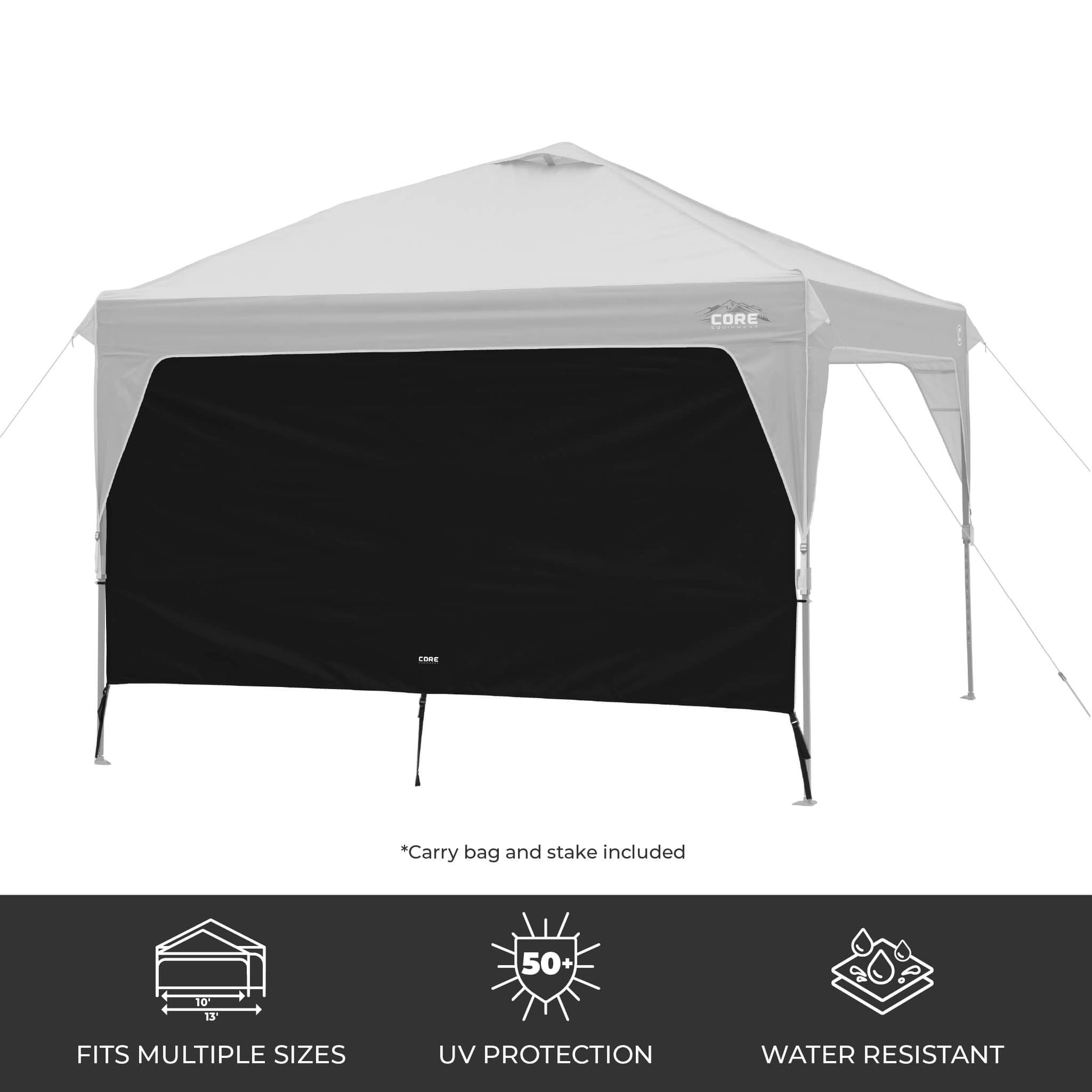 CORE canopy sun wall in black attached to a 10x10 canopy, featuring UV protection, water resistance, and an included carry bag and stake.