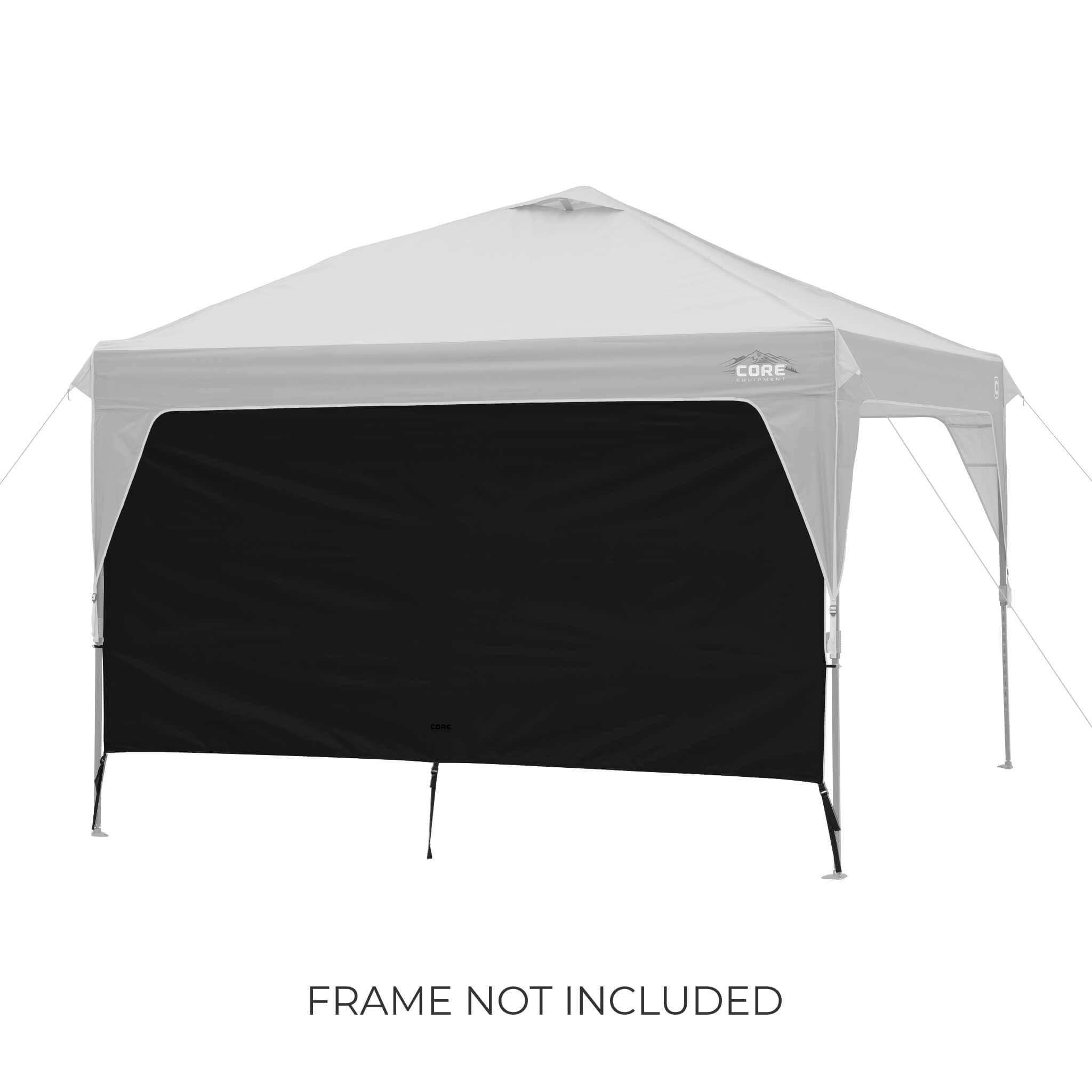 CORE canopy sun wall in black shown with 10x10 canopy top, featuring UV protection and water-resistant fabric, frame not included.