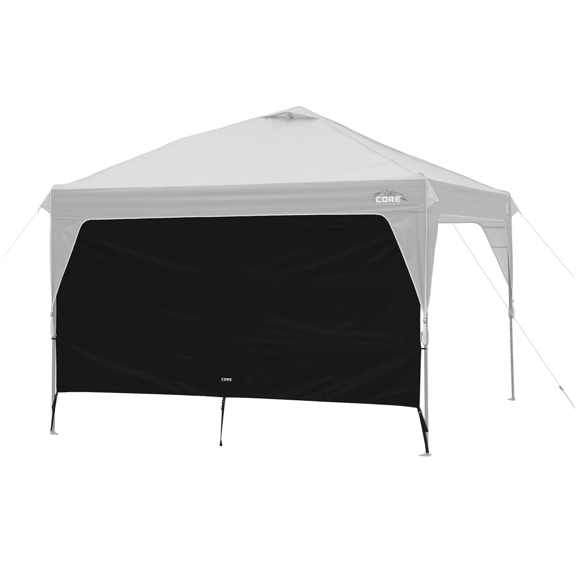 CORE canopy sun wall in black shown with 10x10 canopy top, featuring UV protection and water-resistant fabric.