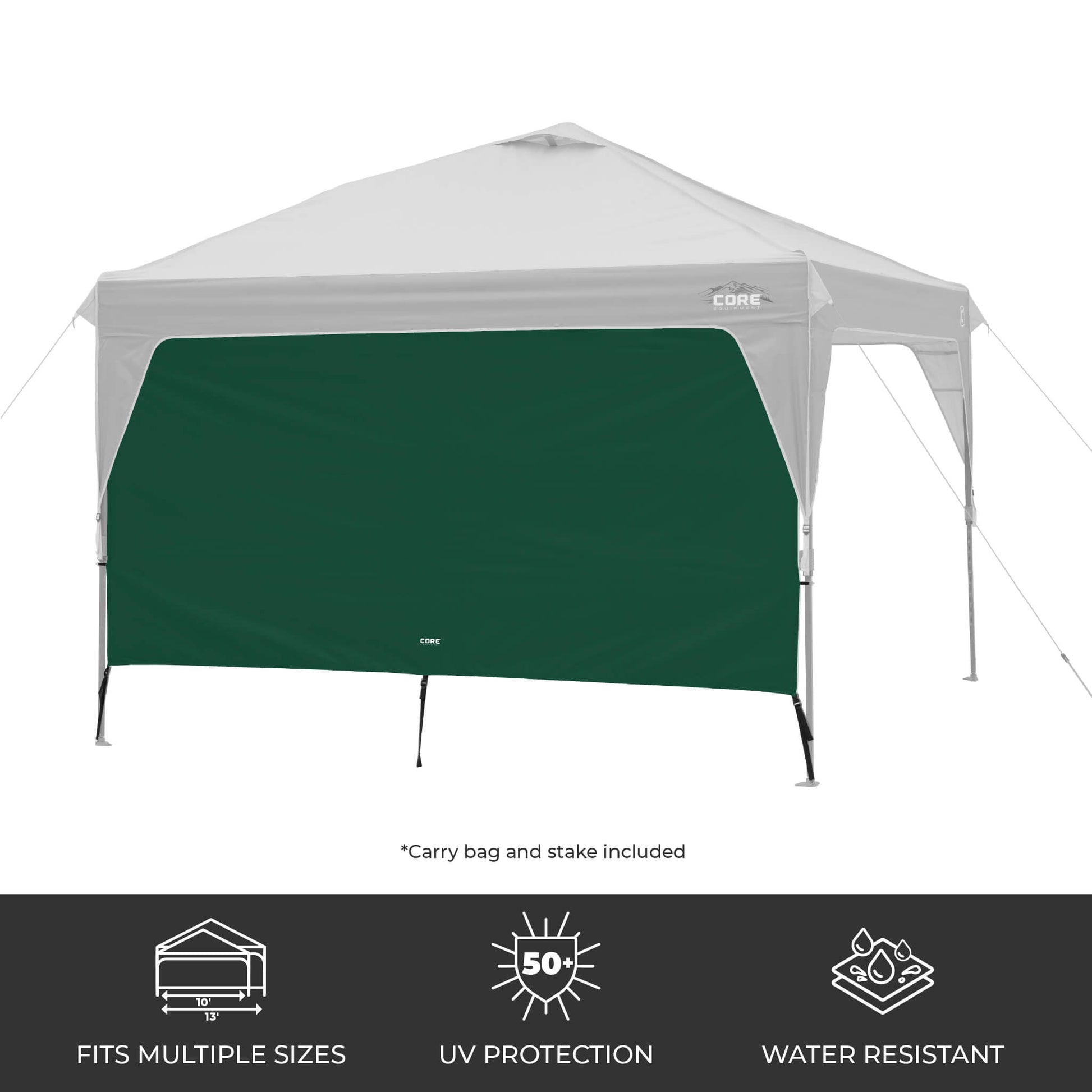CORE canopy sun wall in forest green attached to a 10x10 canopy, featuring UV protection, water resistance, and an included carry bag and stake.