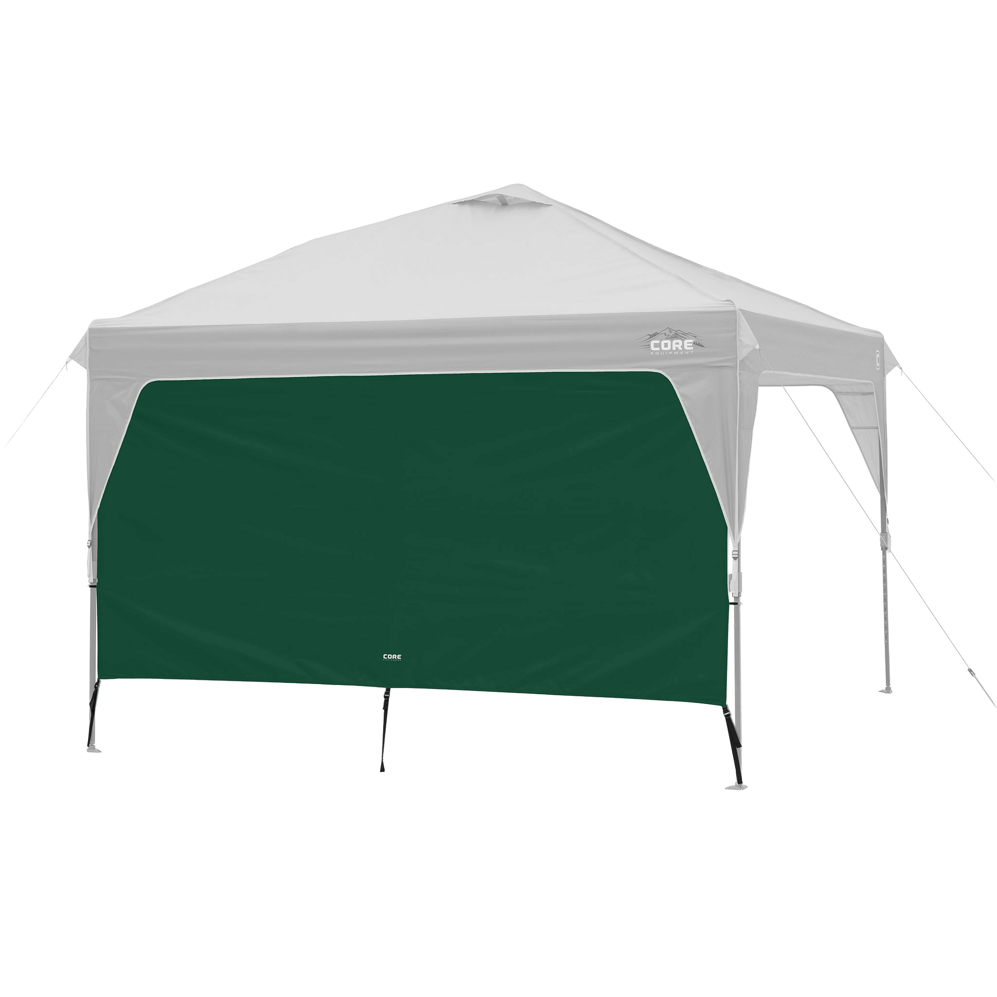 CORE canopy sun wall in forest green shown with 10x10 canopy top, featuring UV protection and water-resistant fabric.