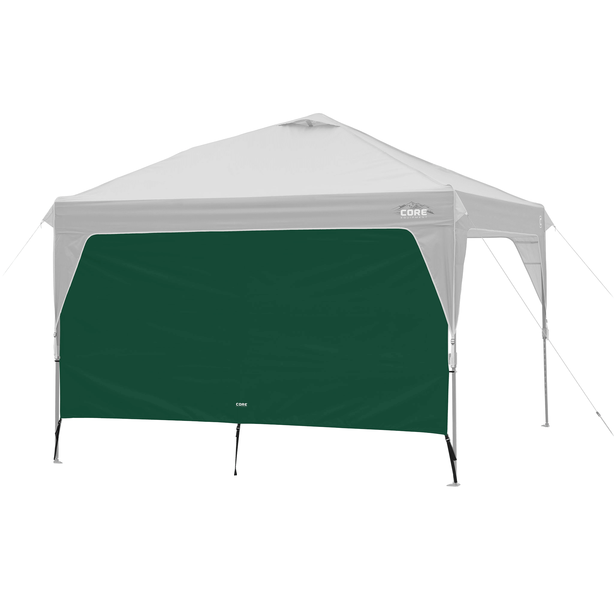 CORE canopy sun wall in forest green shown with 10x10 canopy top, featuring UV protection and water-resistant fabric.