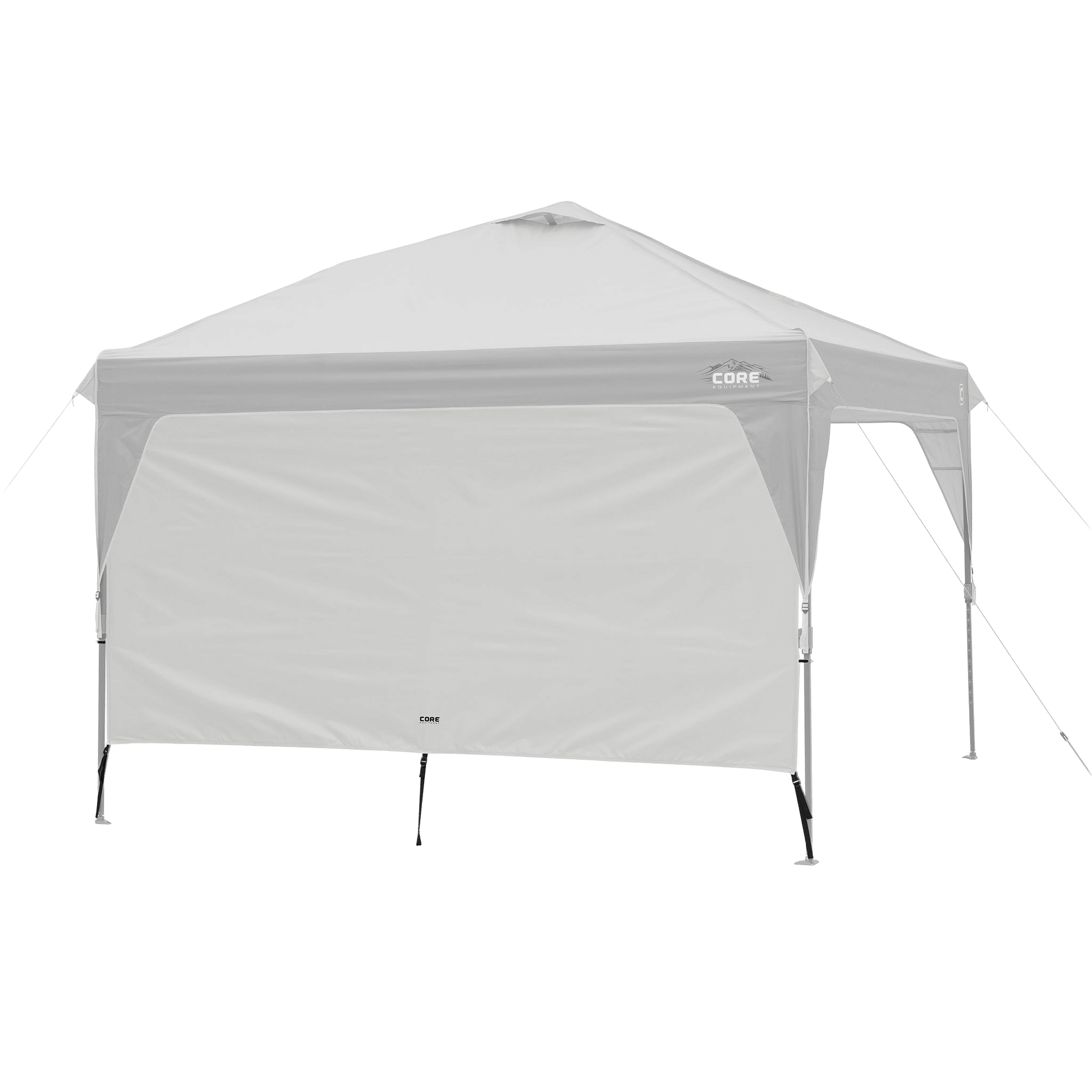 CORE canopy sun wall in gray shown with 10x10 canopy top, featuring UV protection and water-resistant fabric.