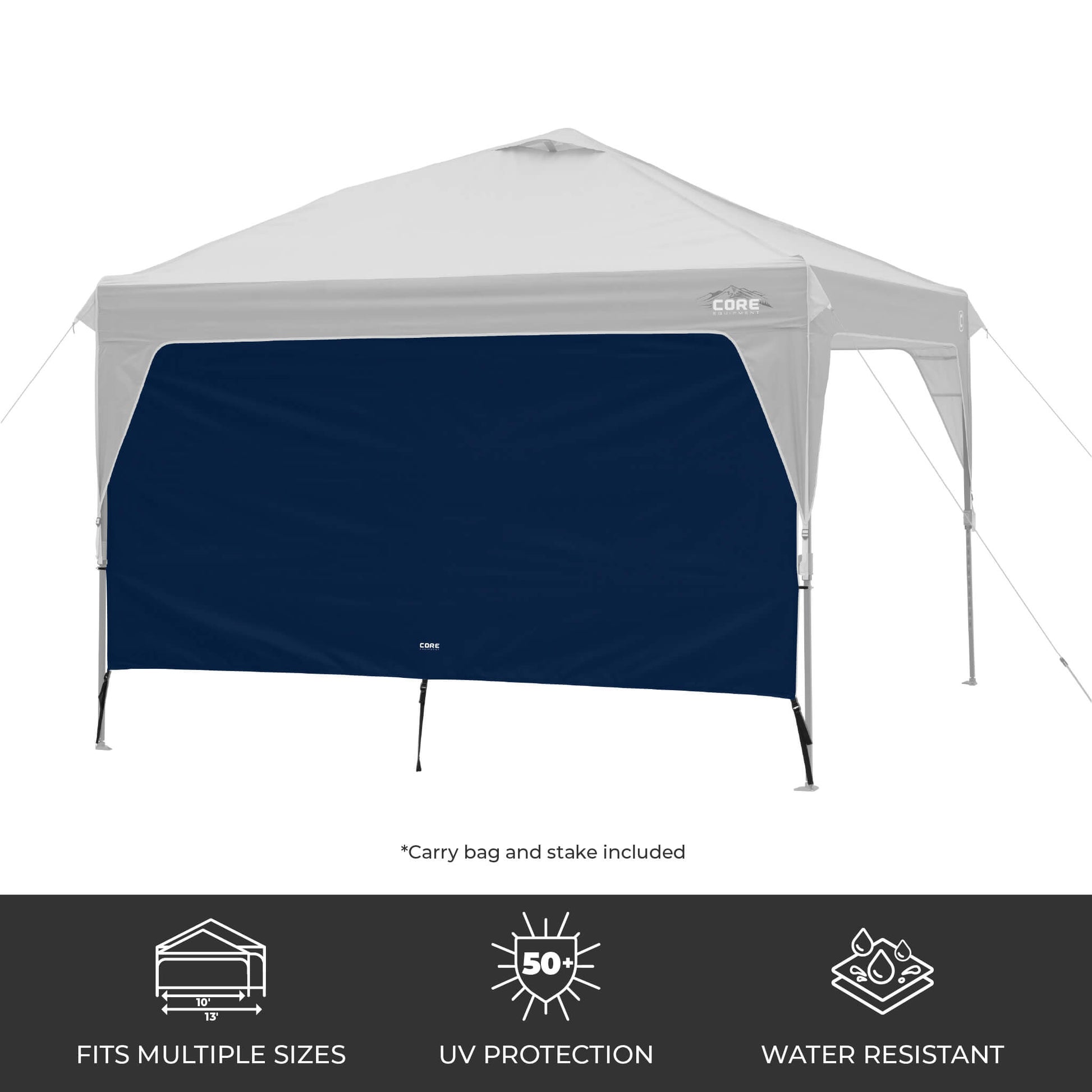 CORE canopy sun wall in navy attached to a 10x10 canopy, featuring UV protection, water resistance, and an included carry bag and stake.