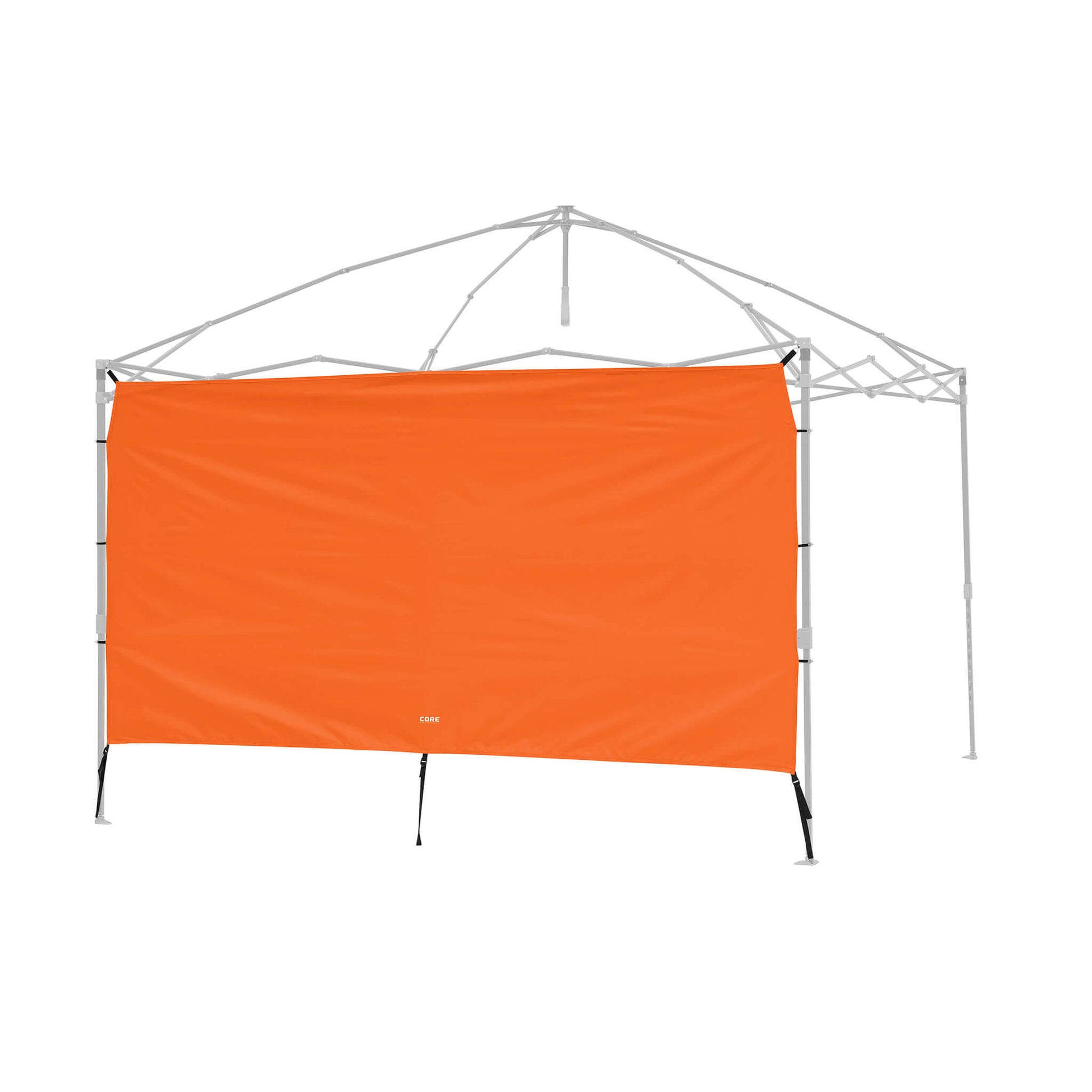 CORE canopy sun wall in orange is shown attached to the canopy frame with no top, showing how the sun wall connects.