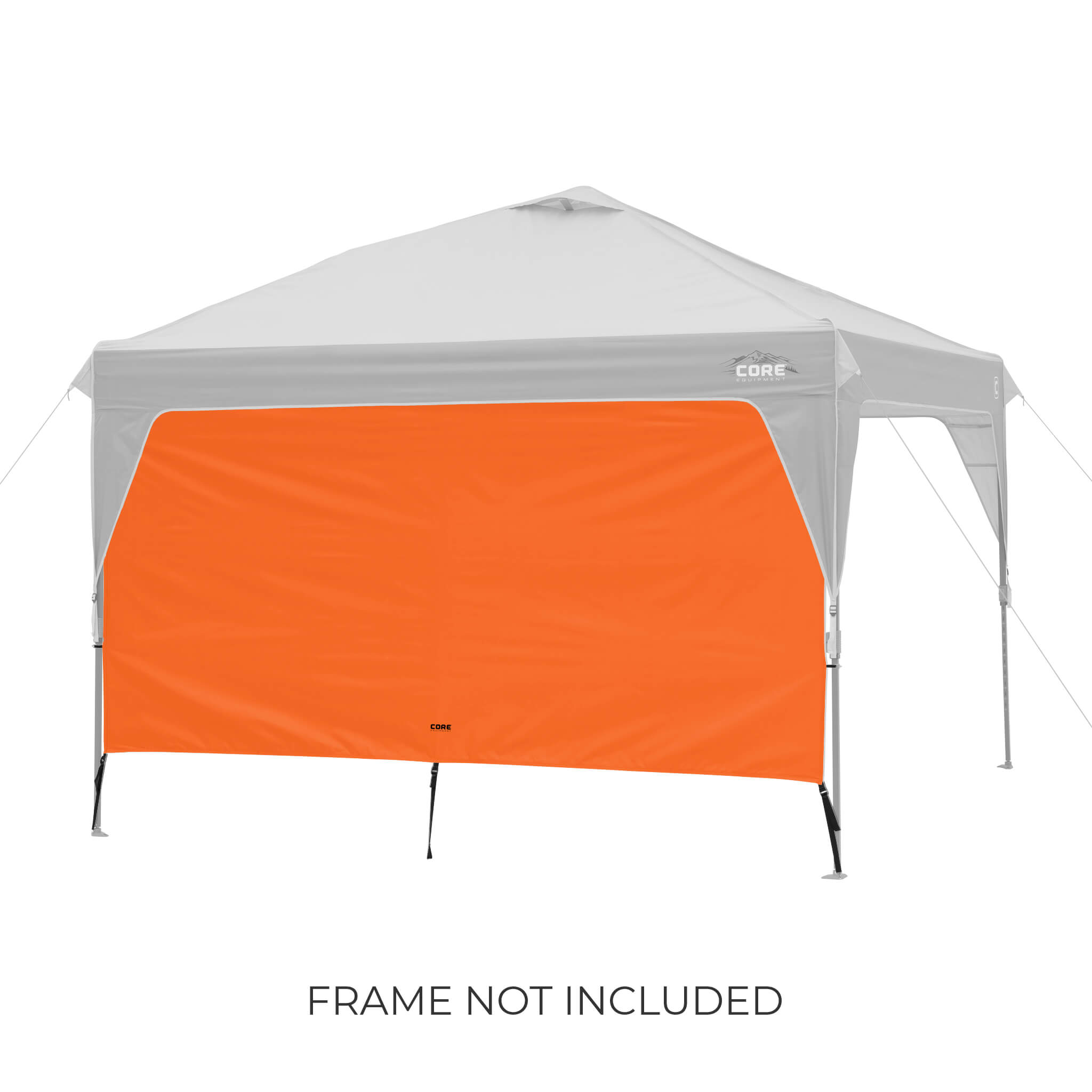 CORE canopy sun wall in orange shown with 10x10 canopy top, featuring UV protection and water-resistant fabric, frame not included.