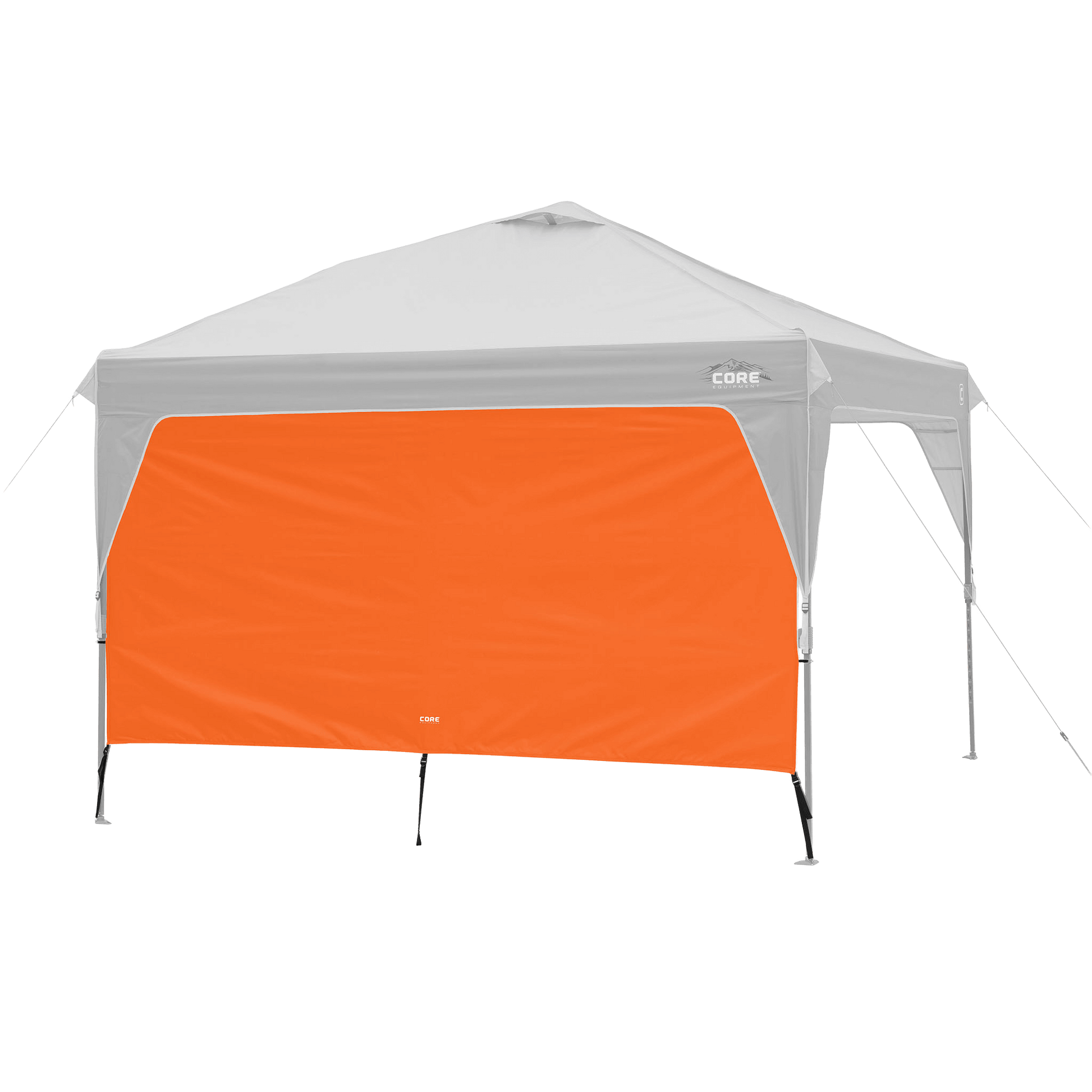 CORE canopy sun wall in orange shown with 10x10 canopy top, featuring UV protection and water-resistant fabric.