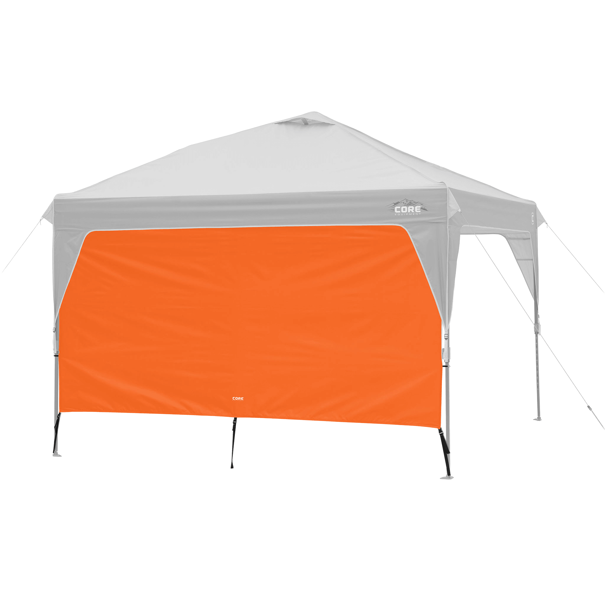 CORE canopy sun wall in orange shown with 10x10 canopy top, featuring UV protection and water-resistant fabric.