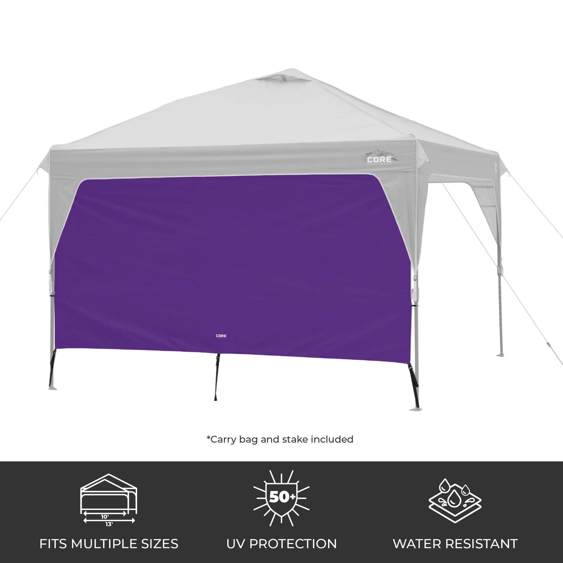 CORE canopy sun wall in purple attached to a 10x10 canopy, featuring UV protection, water resistance, and an included carry bag and stake.