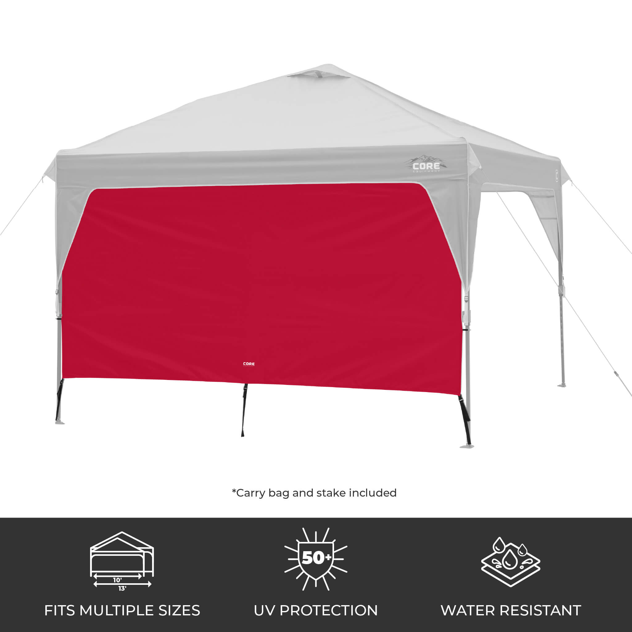 CORE canopy sun wall in red attached to a 10x10 canopy, featuring UV protection, water resistance, and an included carry bag and stake.