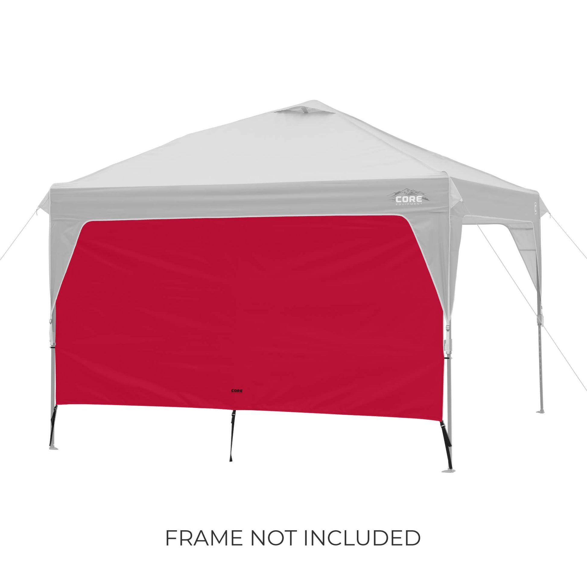CORE canopy sun wall in red shown with 10x10 canopy top, featuring UV protection and water-resistant fabric, frame not included.