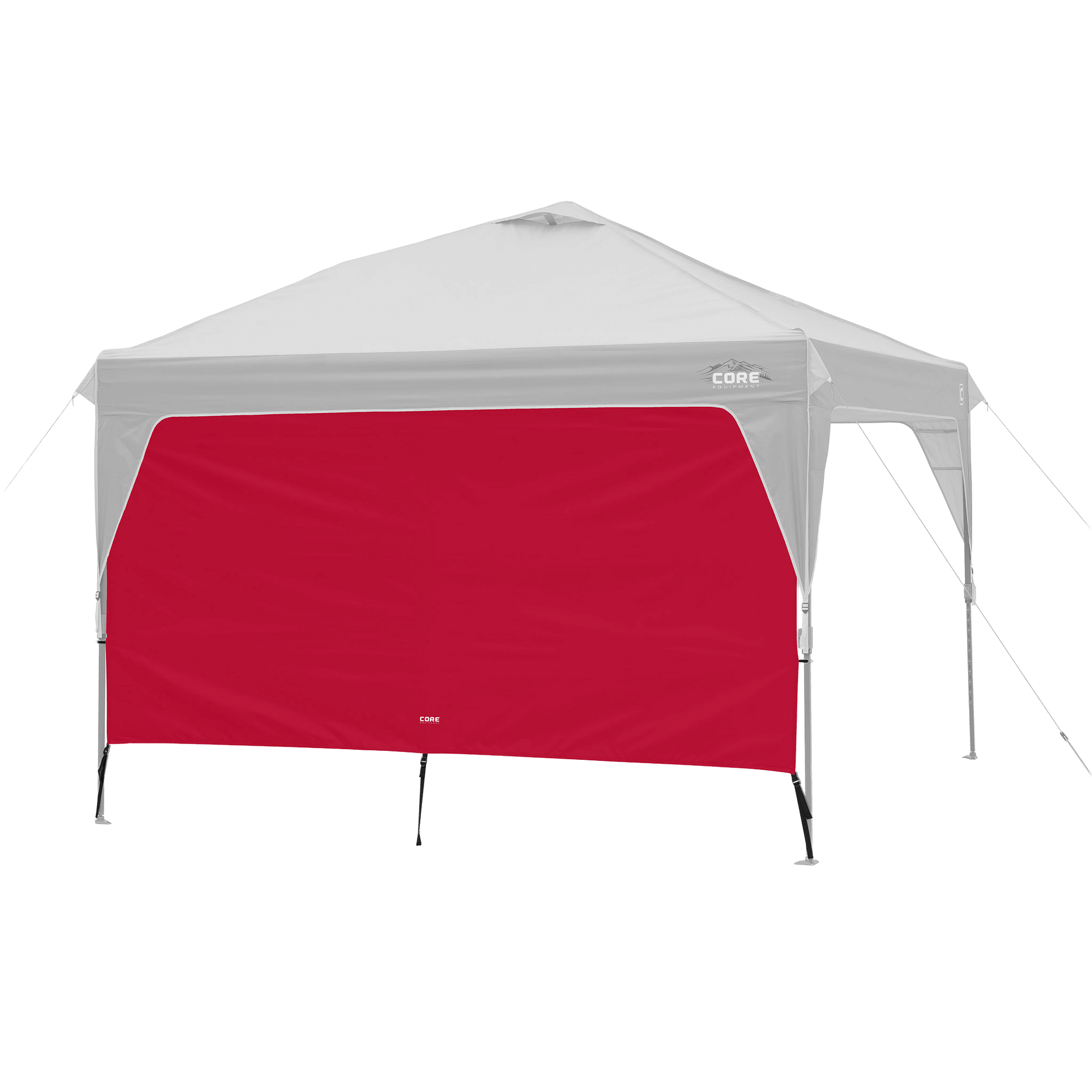 CORE canopy sun wall in red shown with 10x10 canopy top, featuring UV protection and water-resistant fabric.