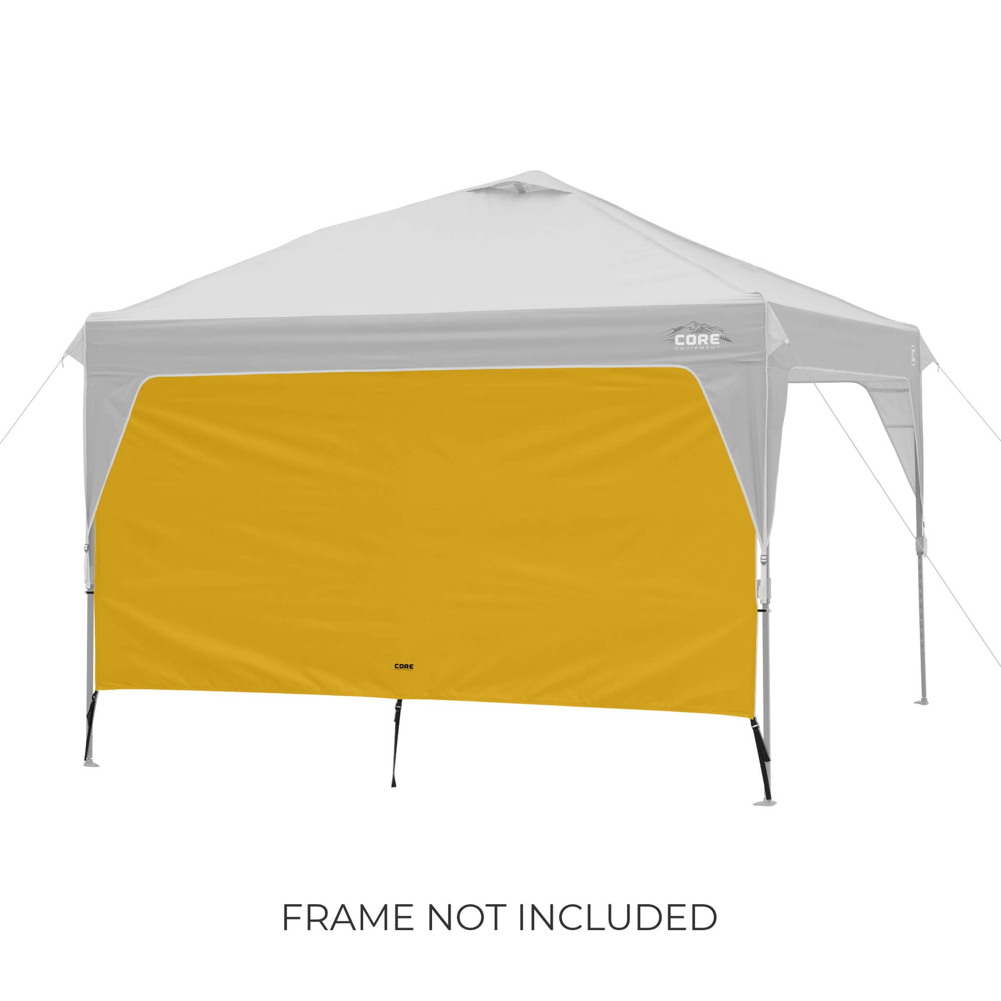 CORE canopy sun wall in yellow gold shown with 10x10 canopy top, featuring UV protection and water-resistant fabric, frame not included.