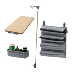 CORE cook bundle with bamboo cutting board, lantern holder, hanging organizer, and utility basket for outdoor meal prep.