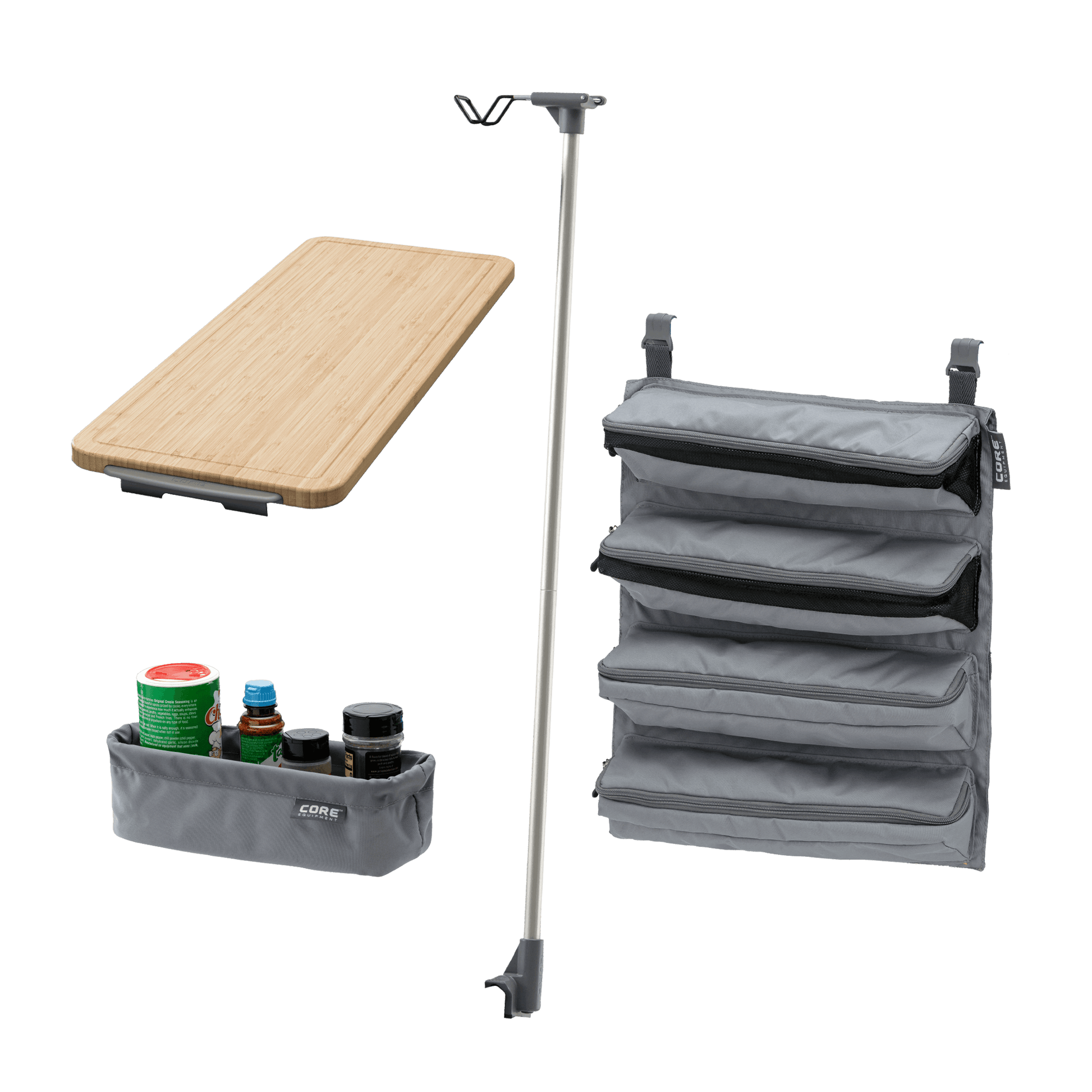 CORE cook bundle with bamboo cutting board, lantern holder, hanging organizer, and utility basket for outdoor meal prep.