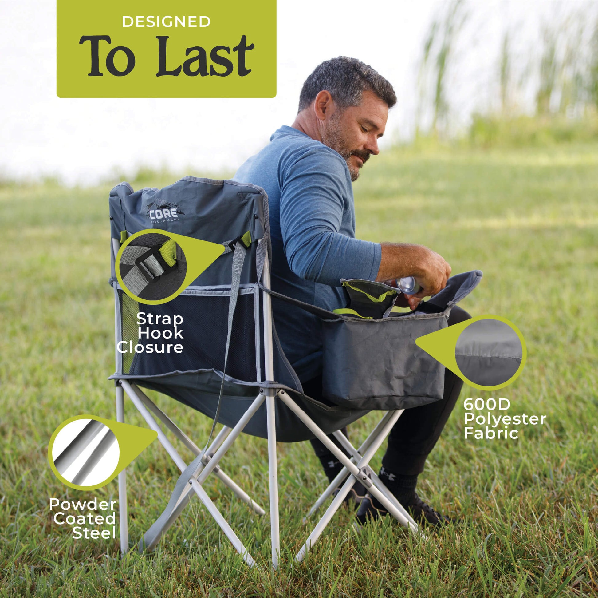 A man sitting in a CORE cooler quad chair with labeled features including a strap hook closure, 600D polyester fabric, and a powder-coated steel frame.