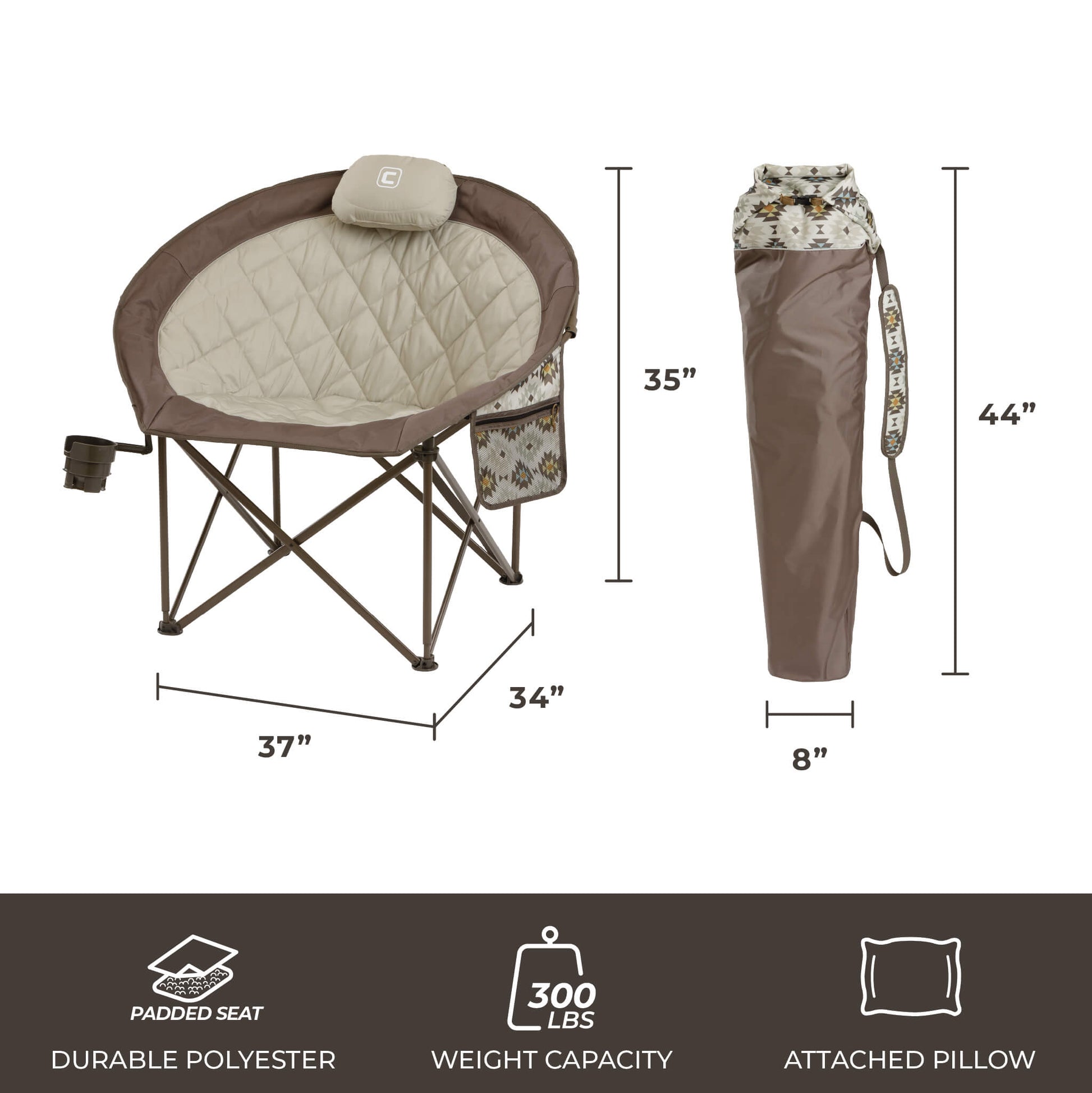 CORE beige and dark brown moon chair with padded seat, pillow, cup holder, side pocket, and 300 lb capacity, 37x34x35 in.