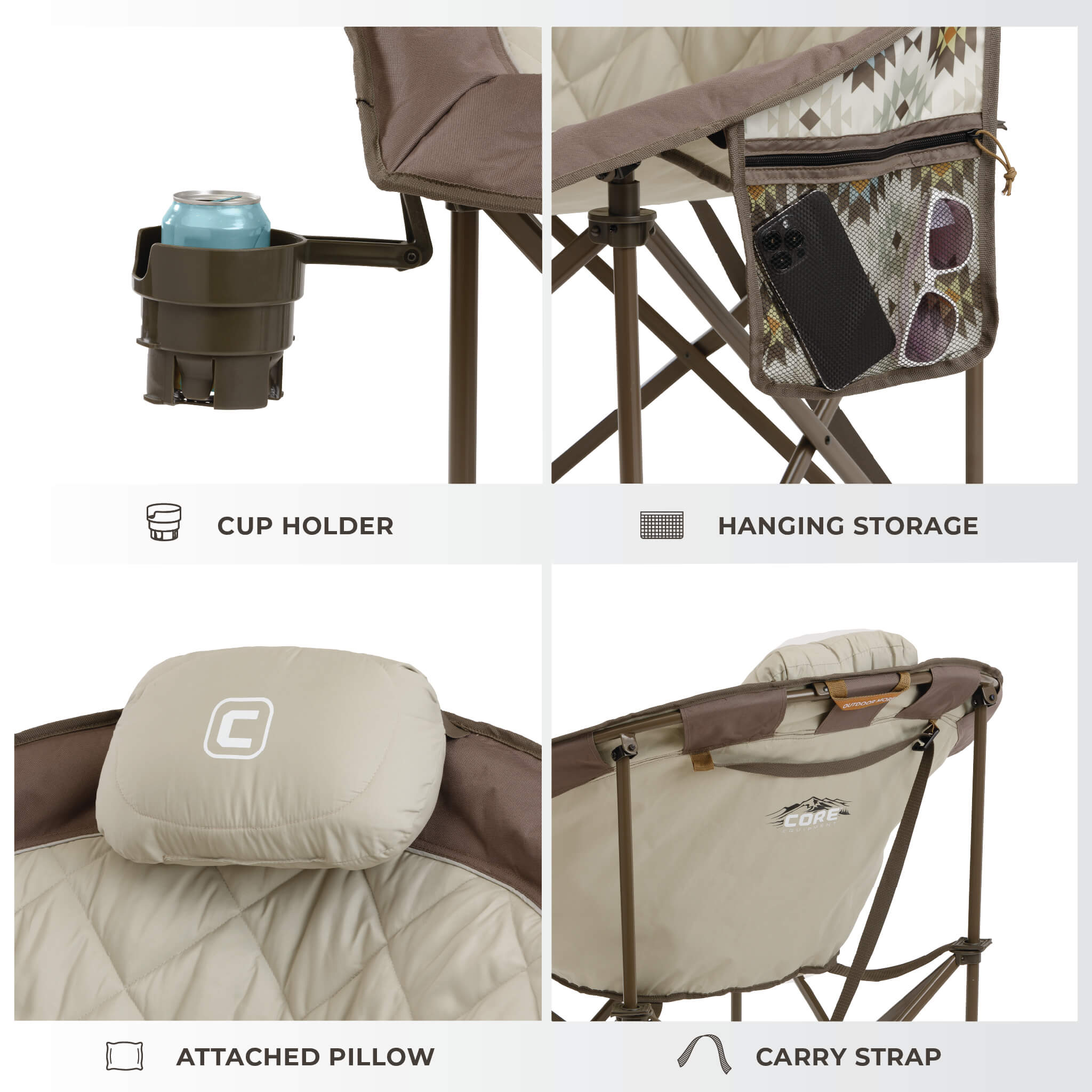 The CORE beige and dark brown moon chair features a cup holder, hanging storage pocket, attached pillow, and carry strap.