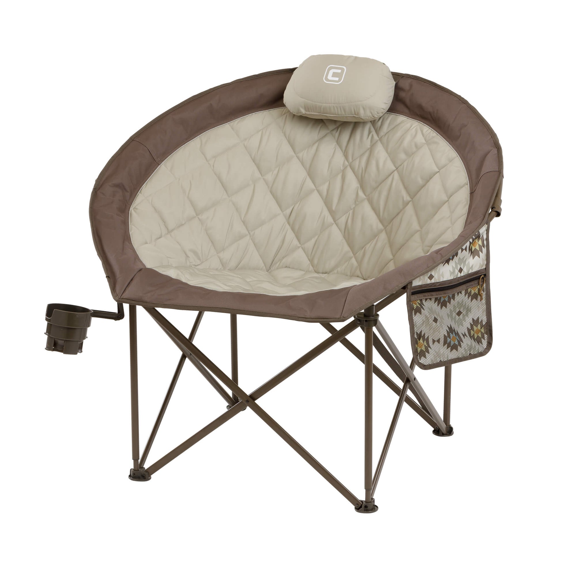 CORE beige and dark brown chair with padded seat, attached pillow, and cup holder on a steel folding frame.