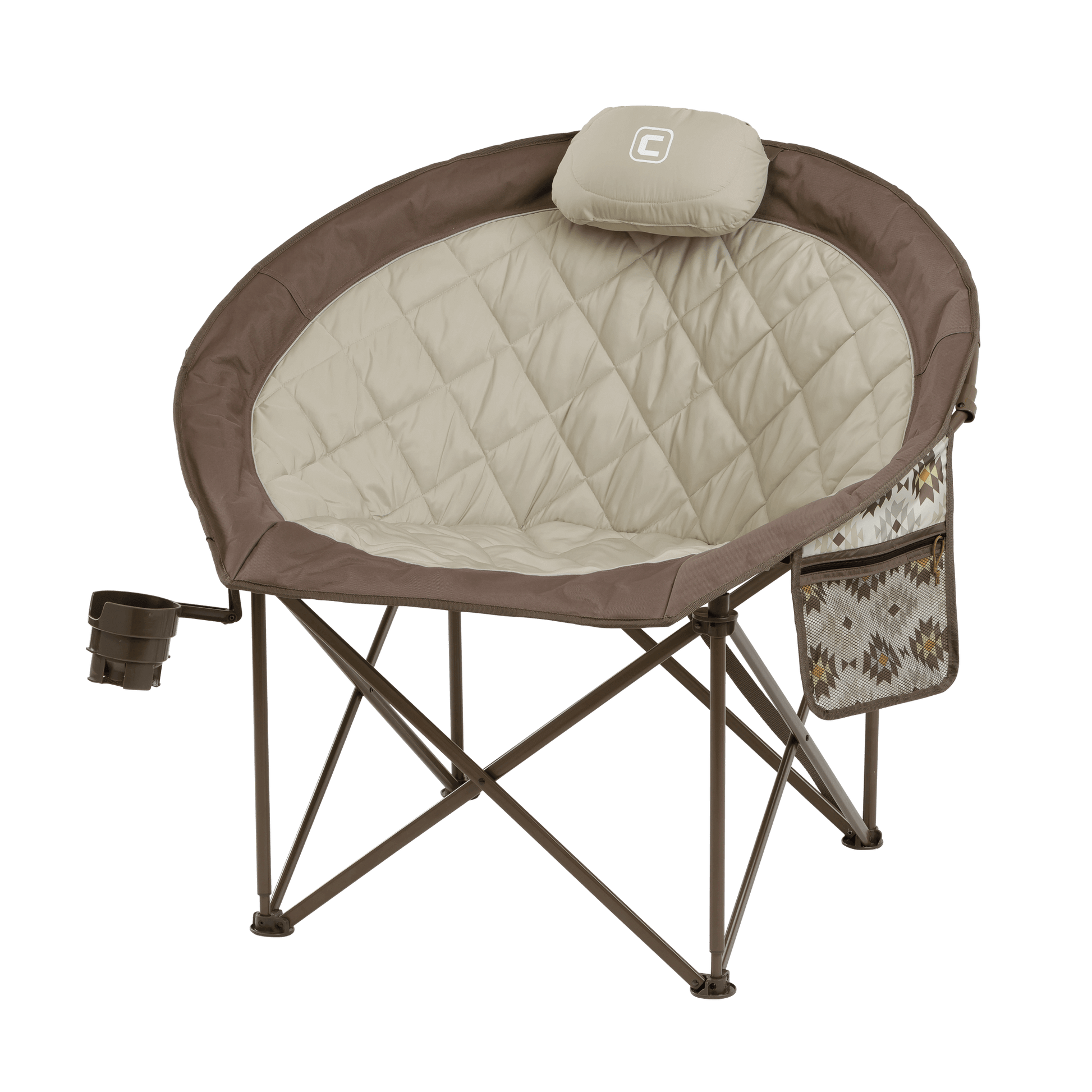 CORE beige and dark brown chair with padded seat, attached pillow, and cup holder on a steel folding frame.