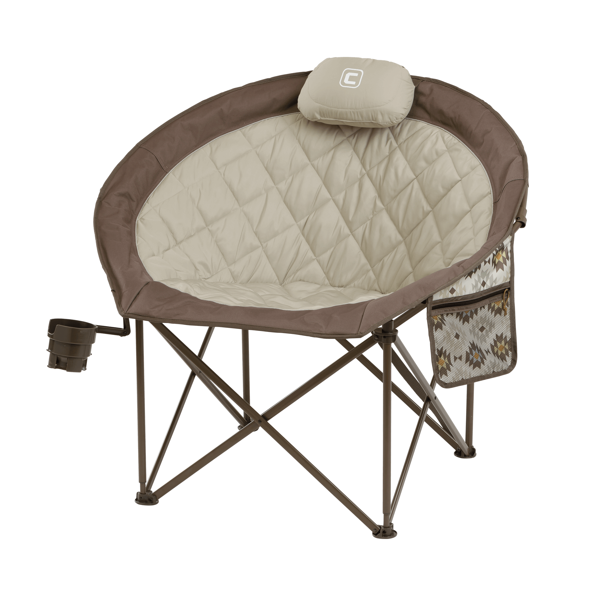 CORE beige and dark brown chair with padded seat, attached pillow, and cup holder on a steel folding frame.