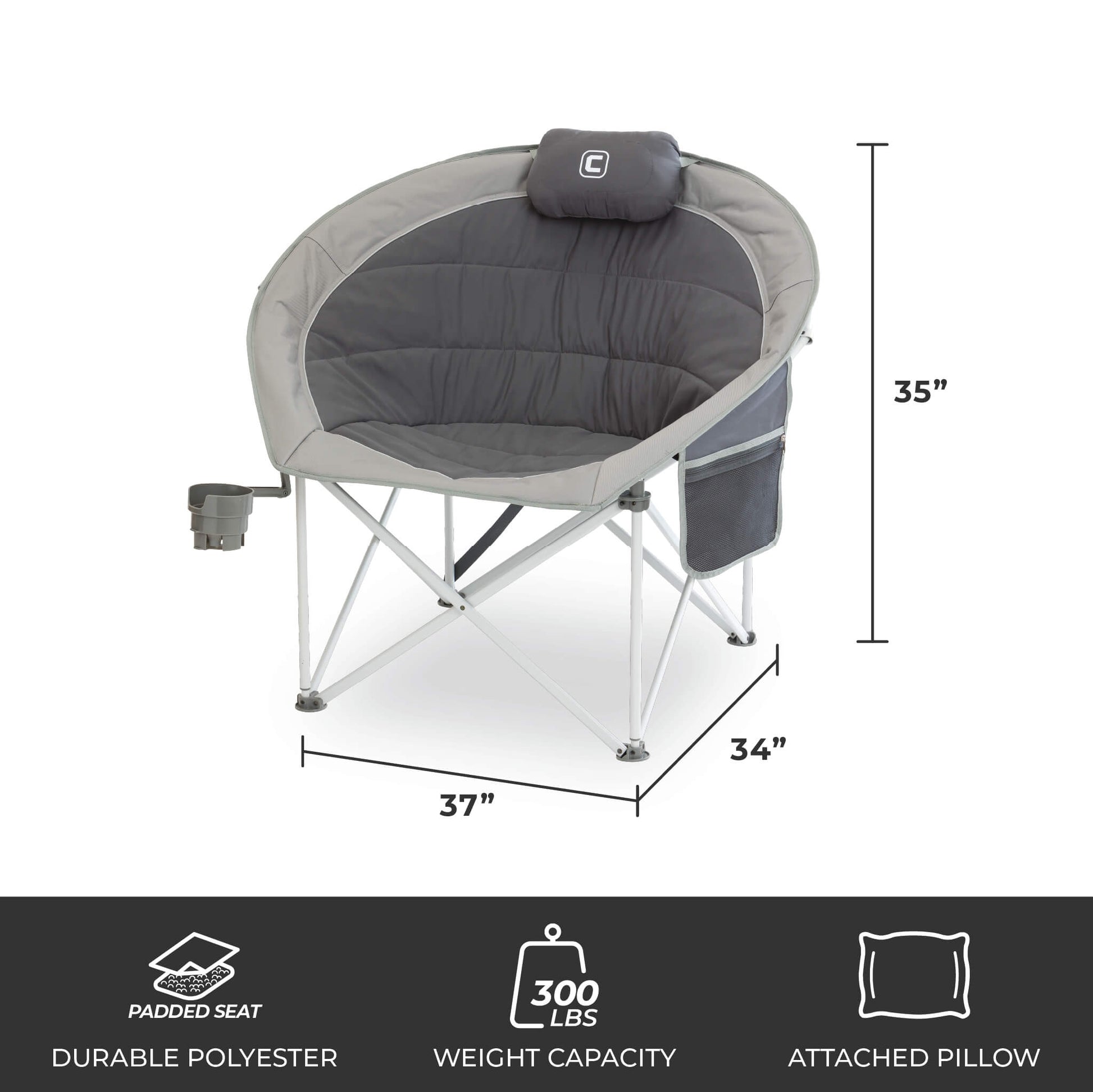 CORE gray moon chair with padded seat, pillow, cup holder, side pocket, and 300 lb capacity, 37x34x35 in.