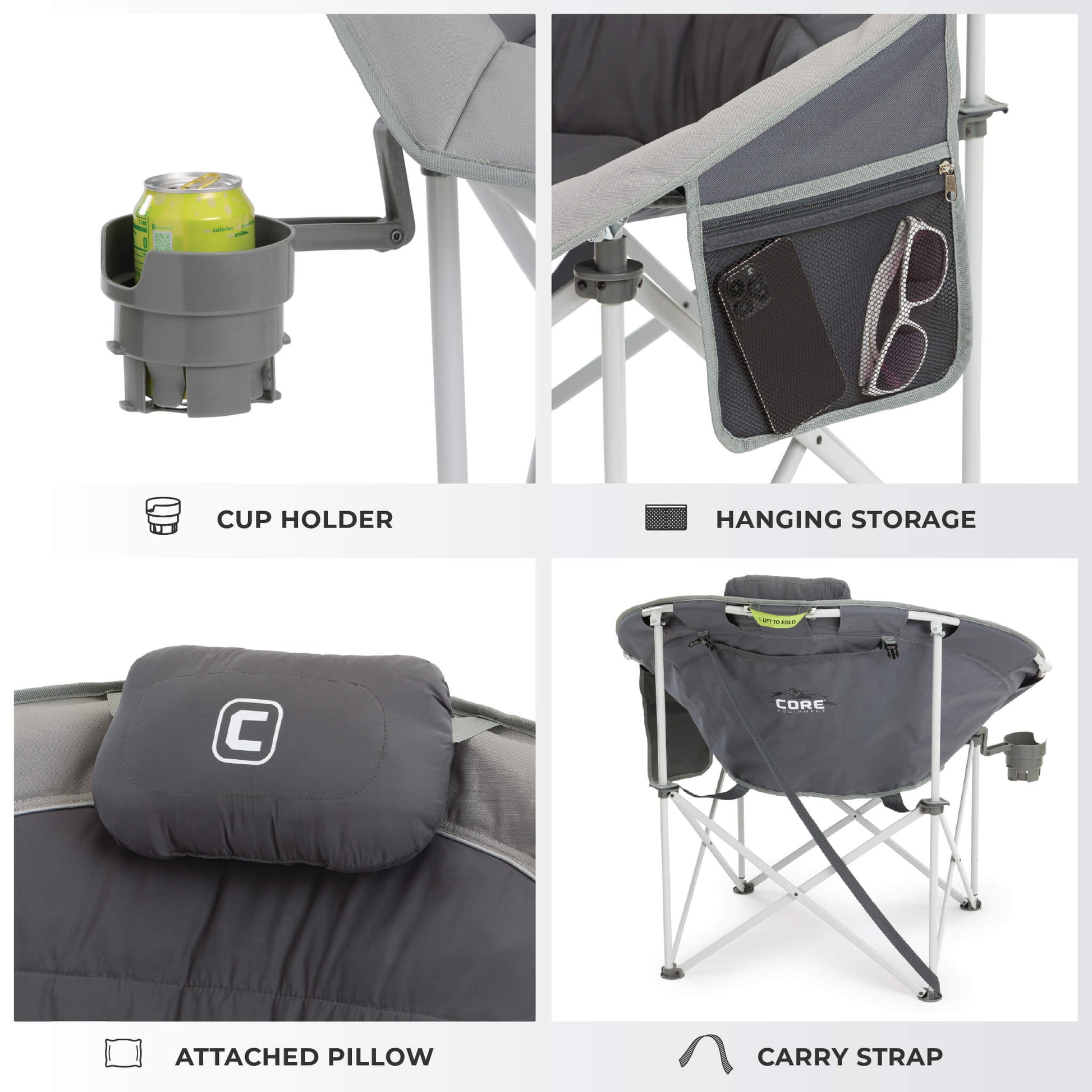 The CORE gray moon chair features a cup holder, hanging storage pocket, attached pillow, and carry strap.