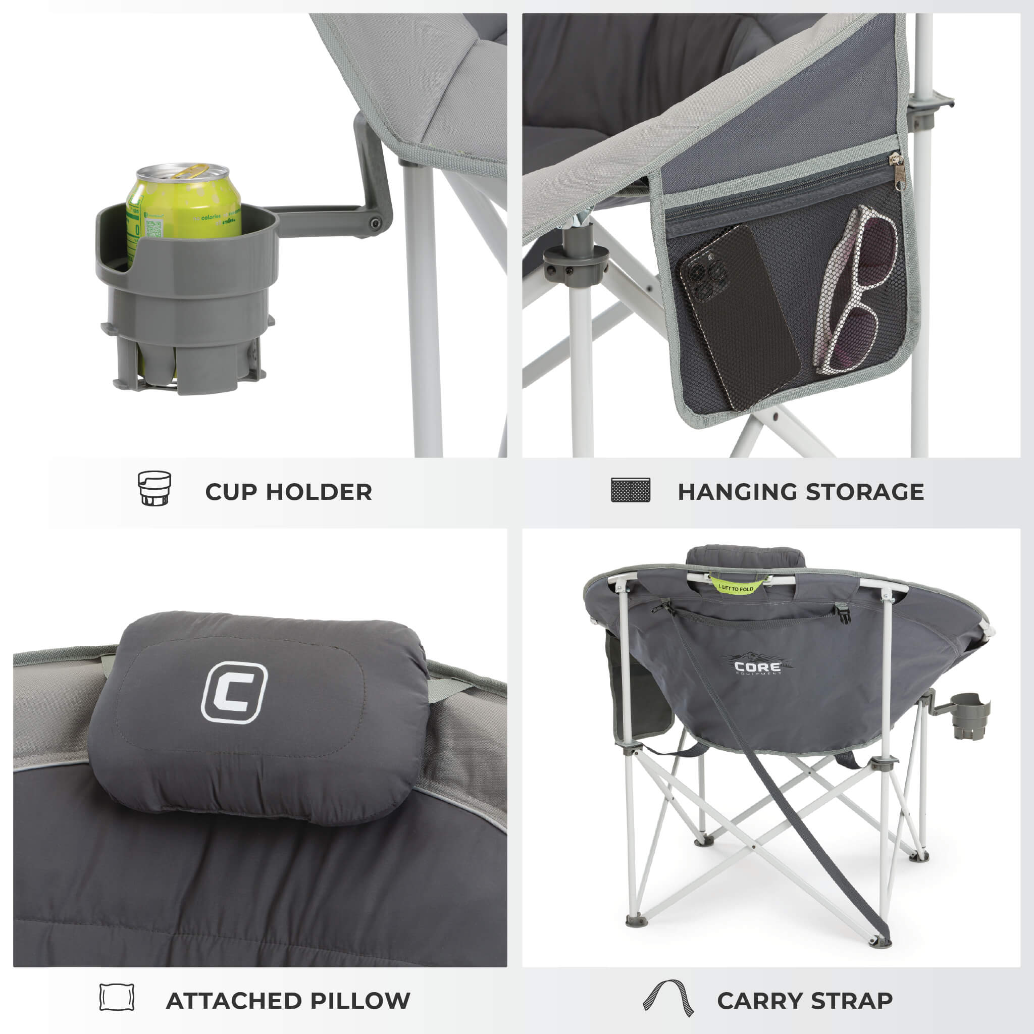The CORE gray moon chair features a cup holder, hanging storage pocket, attached pillow, and carry strap.