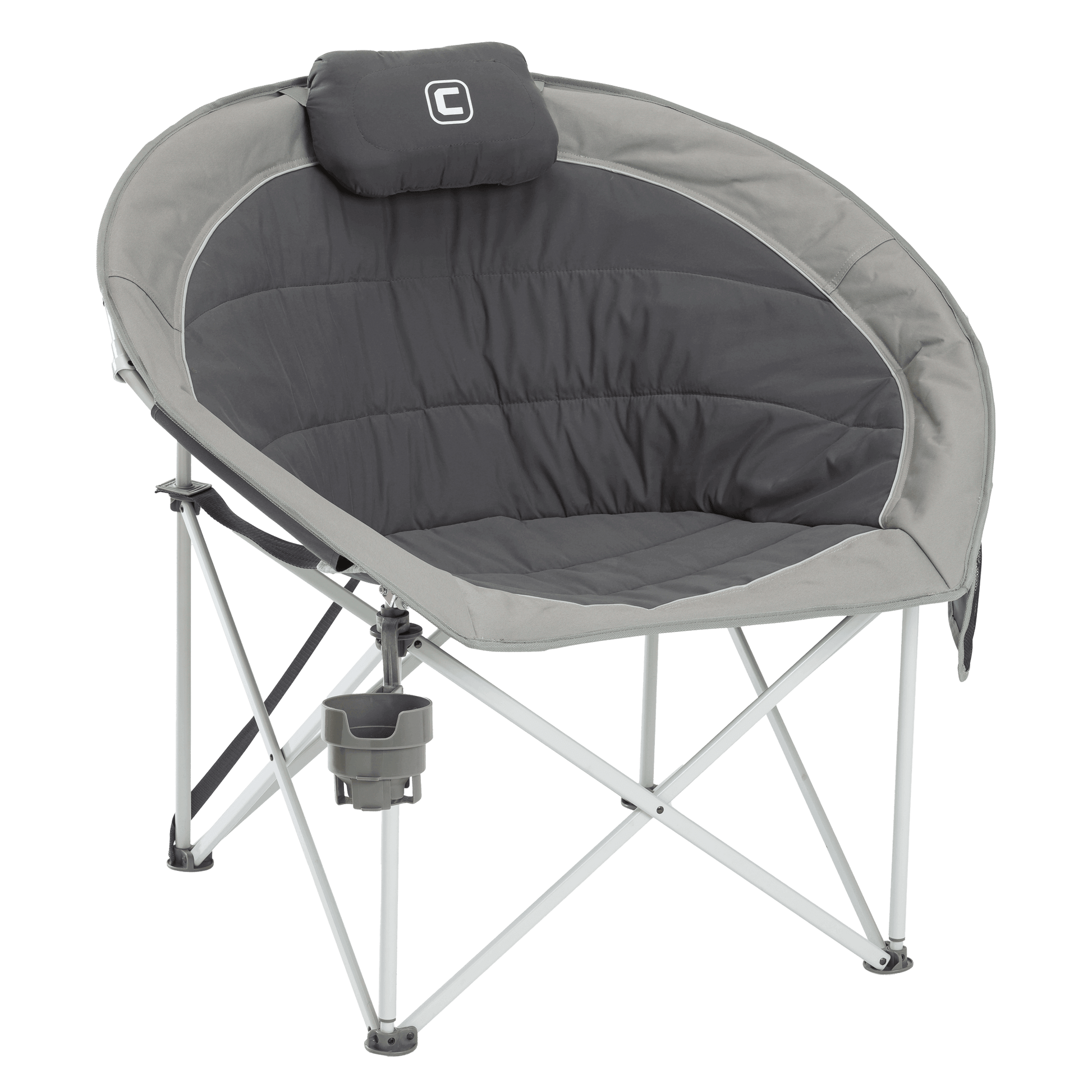 CORE gray moon chair with padded seat, attached pillow, and cup holder on a steel folding frame.