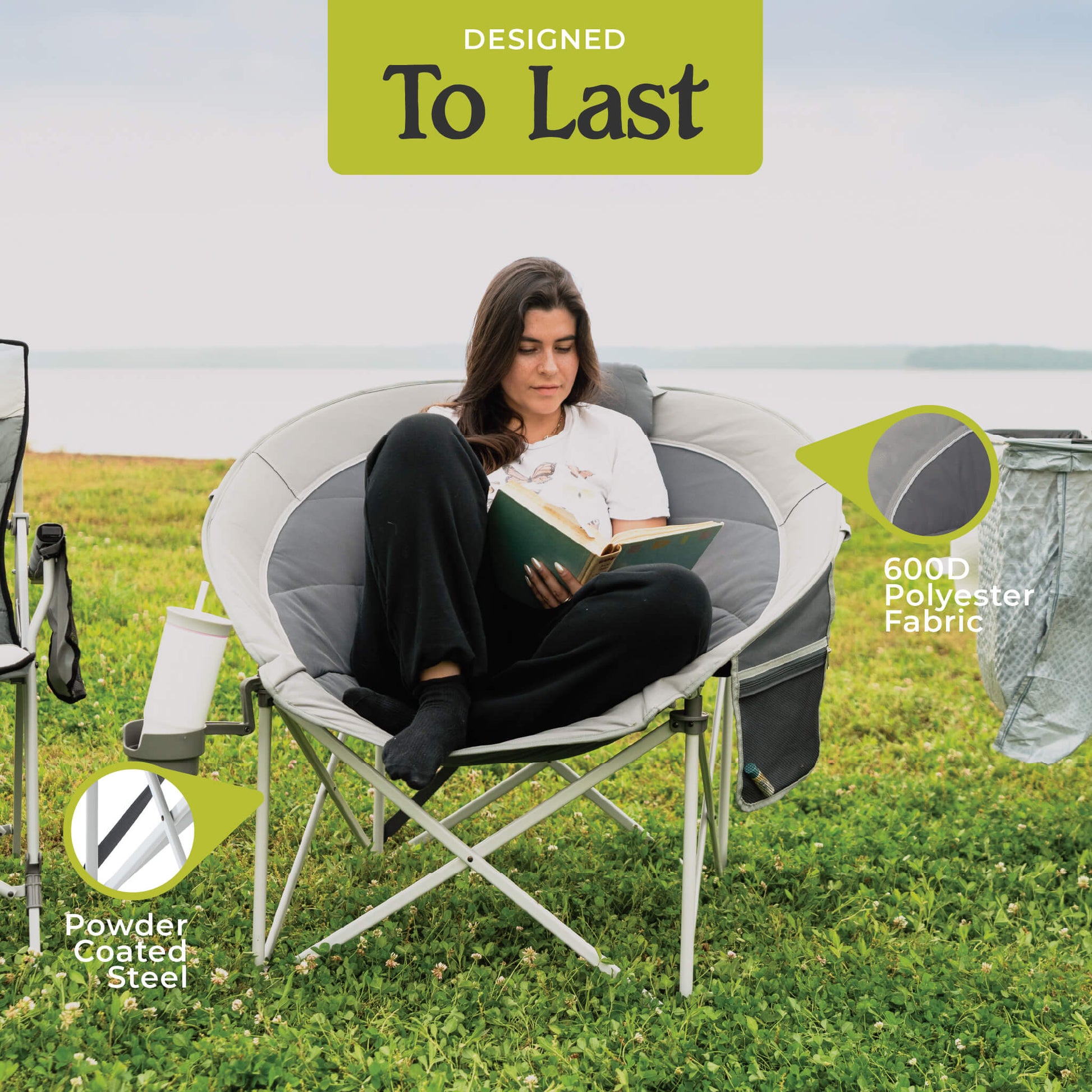 Camper reading in a CORE gray moon chair with callouts for 600D polyester fabric and powder-coated steel.